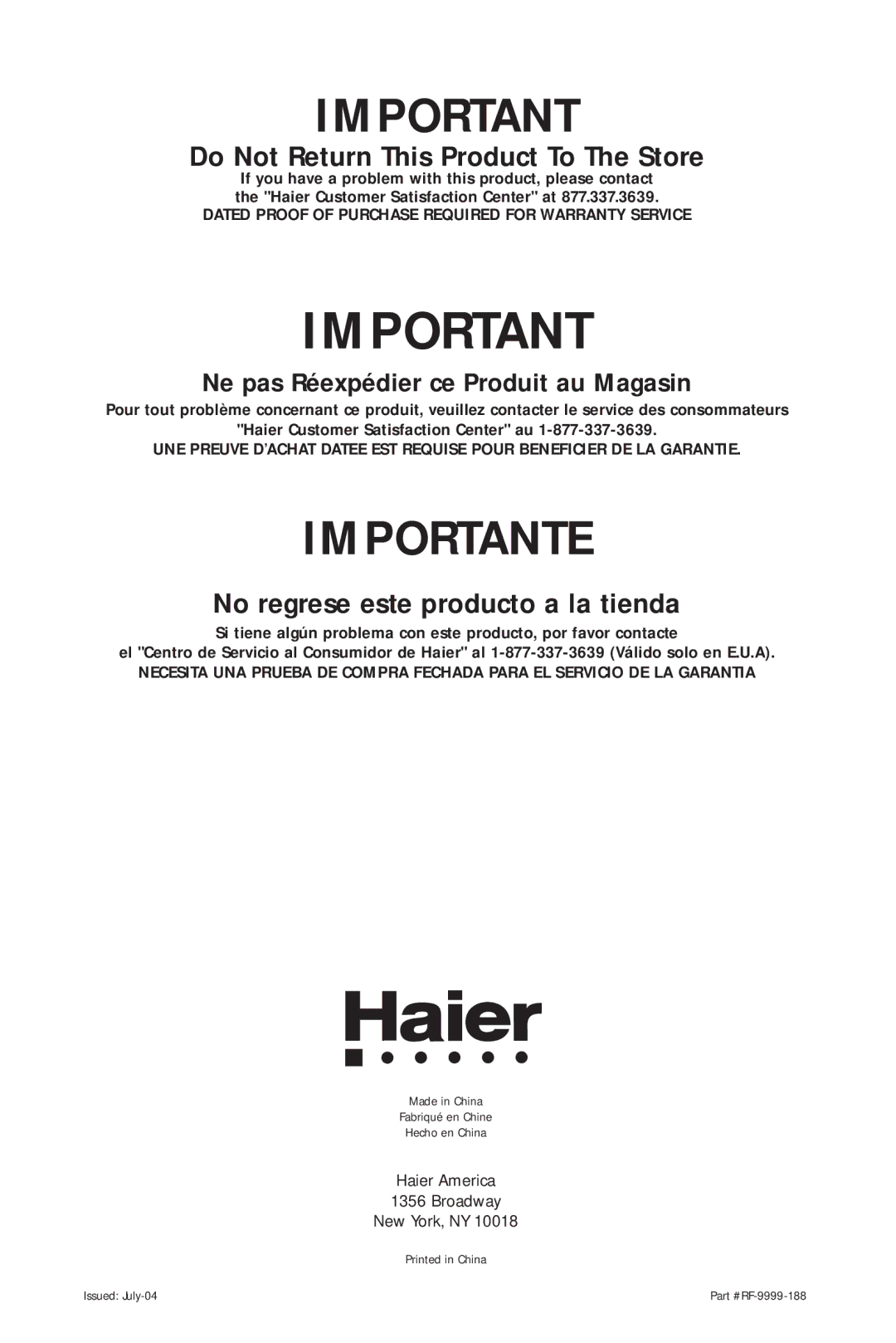 Haier HVH014A manual Importante 