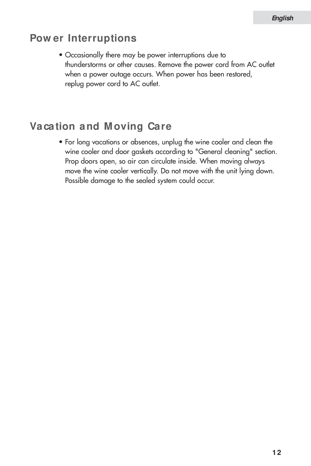 Haier HVH014A manual Power Interruptions, Vacation and Moving Care, English 