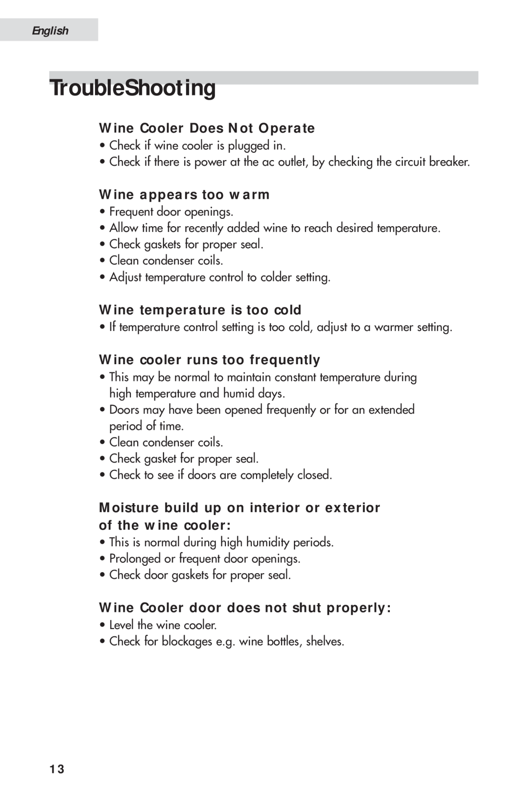Haier HVH014A TroubleShooting, Wine Cooler Does Not Operate, Wine appears too warm, Wine temperature is too cold, English 