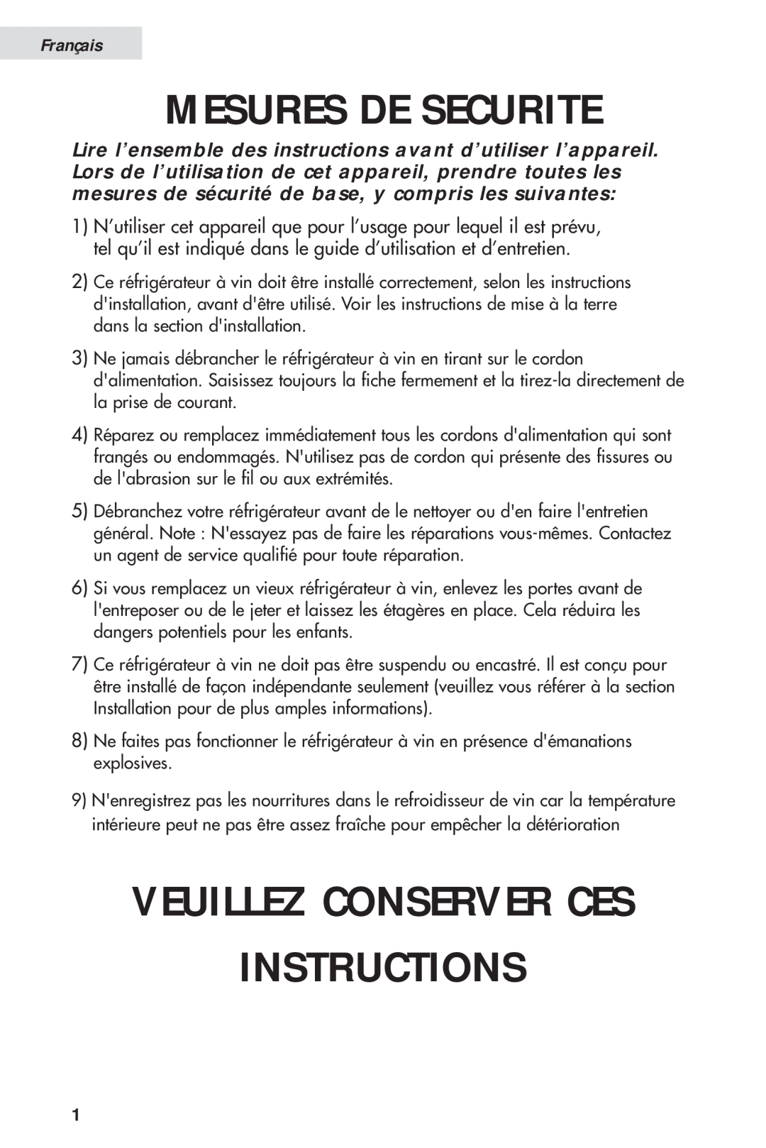 Haier HVH014A manual Instructions, Veuillez Conserver Ces, Français, Mesures De Securite 