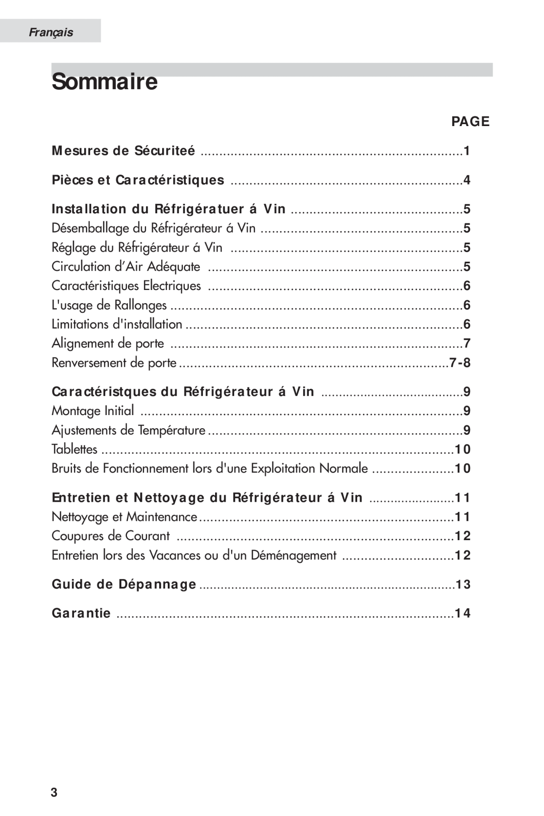 Haier HVH014A manual Sommaire, Entretien et Nettoyage du Réfrigérateur á Vin, Français, Page 