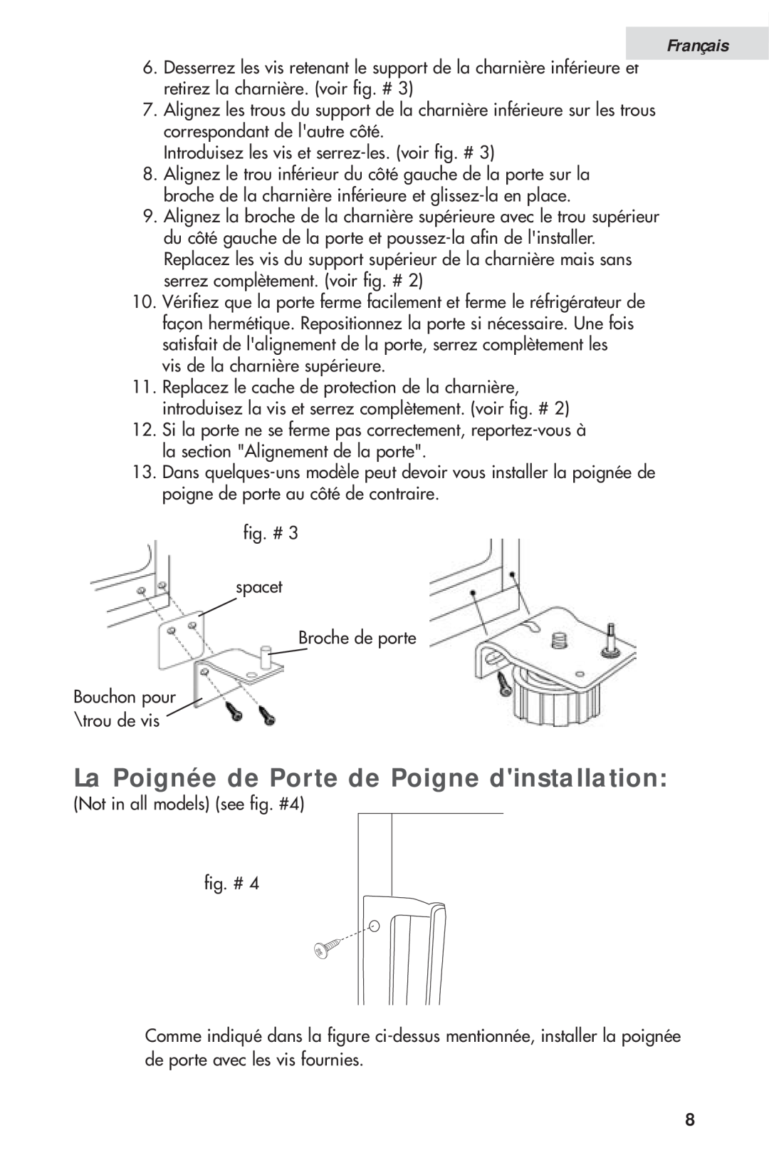 Haier HVH014A manual La Poignée de Porte de Poigne dinstallation, Français 