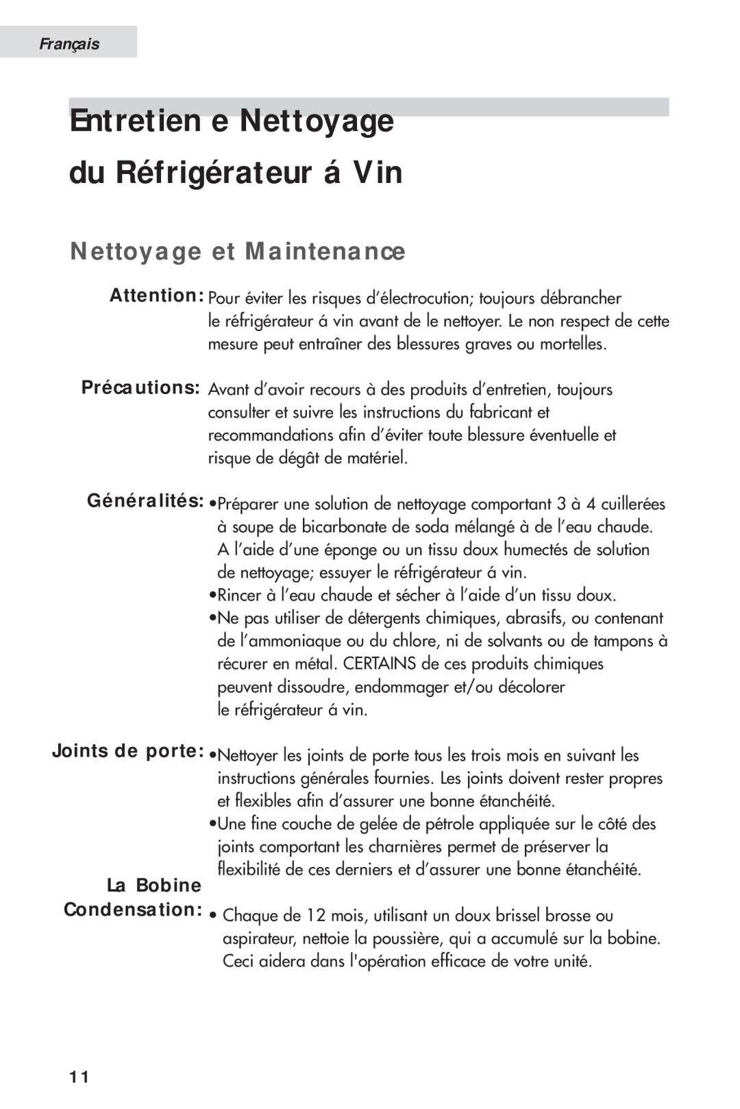 Haier HVH014A manual Entretien e Nettoyage du Réfrigérateur á Vin, Nettoyage et Maintenance, La Bobine, Français 