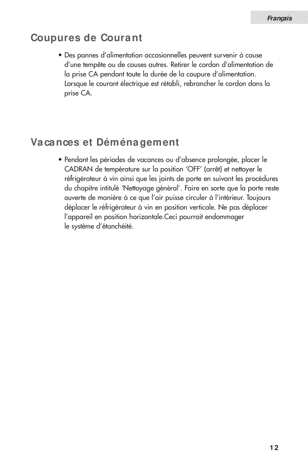 Haier HVH014A manual Coupures de Courant, Vacances et Déménagement, Français 