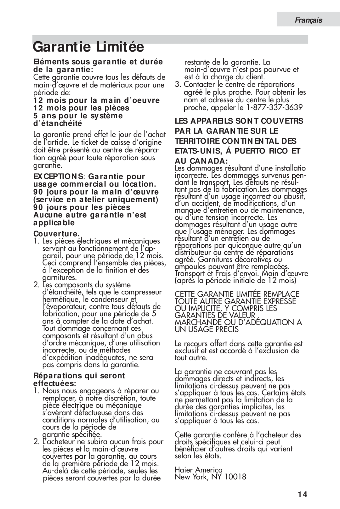 Haier HVH014A Garantie Limitée, Français, Eléments sous garantie et durée de la garantie, ans pour le système d’étanchéité 