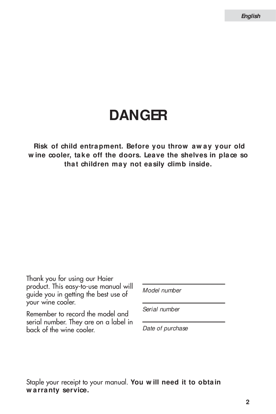 Haier HVH014A manual Danger, warranty service, English 