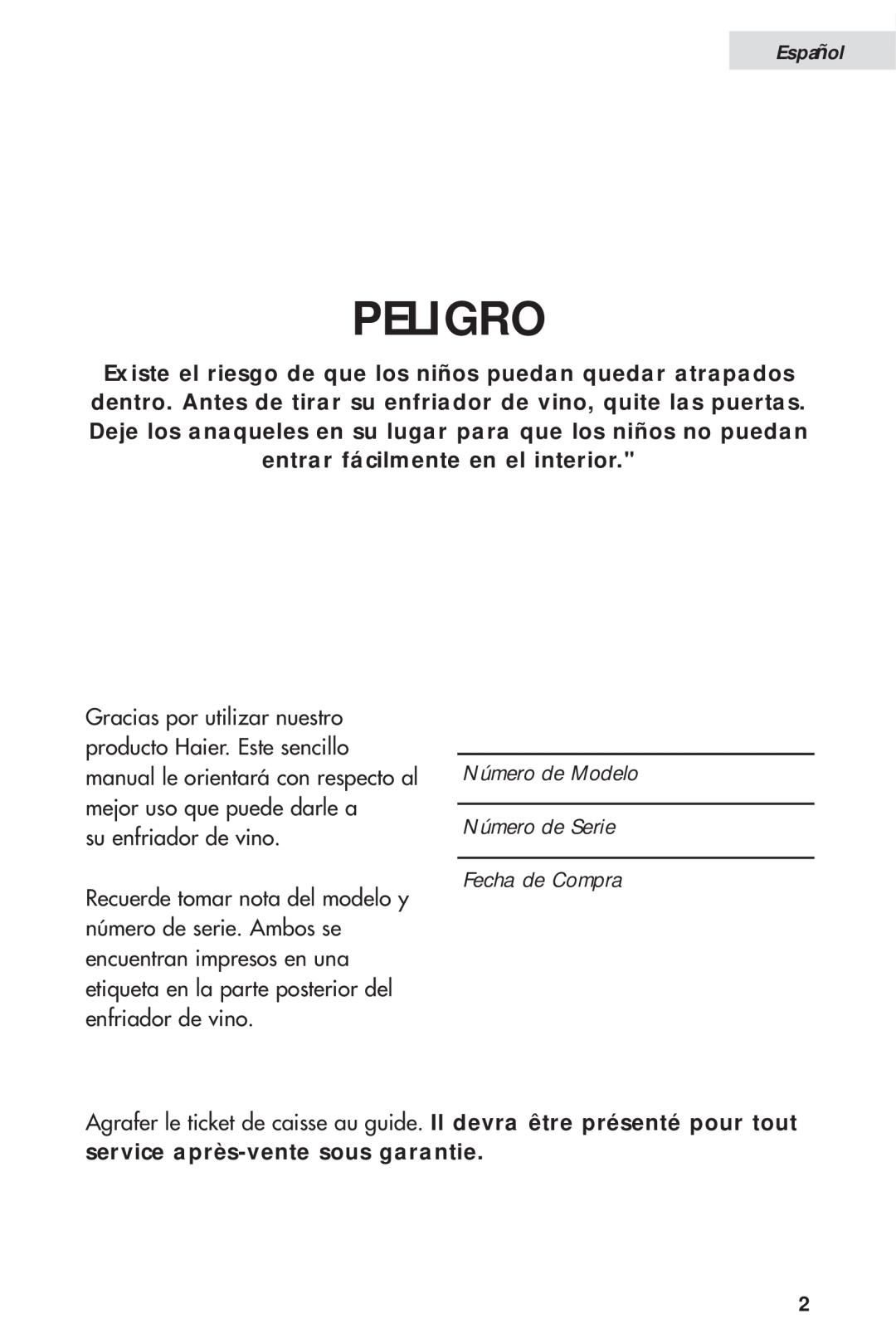 Haier HVH014A manual Peligro, Español 