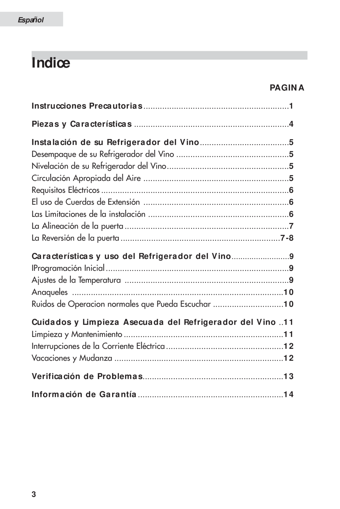 Haier HVH014A manual Indice, Pagina, Características y uso del Refrigerador del Vino, Español 
