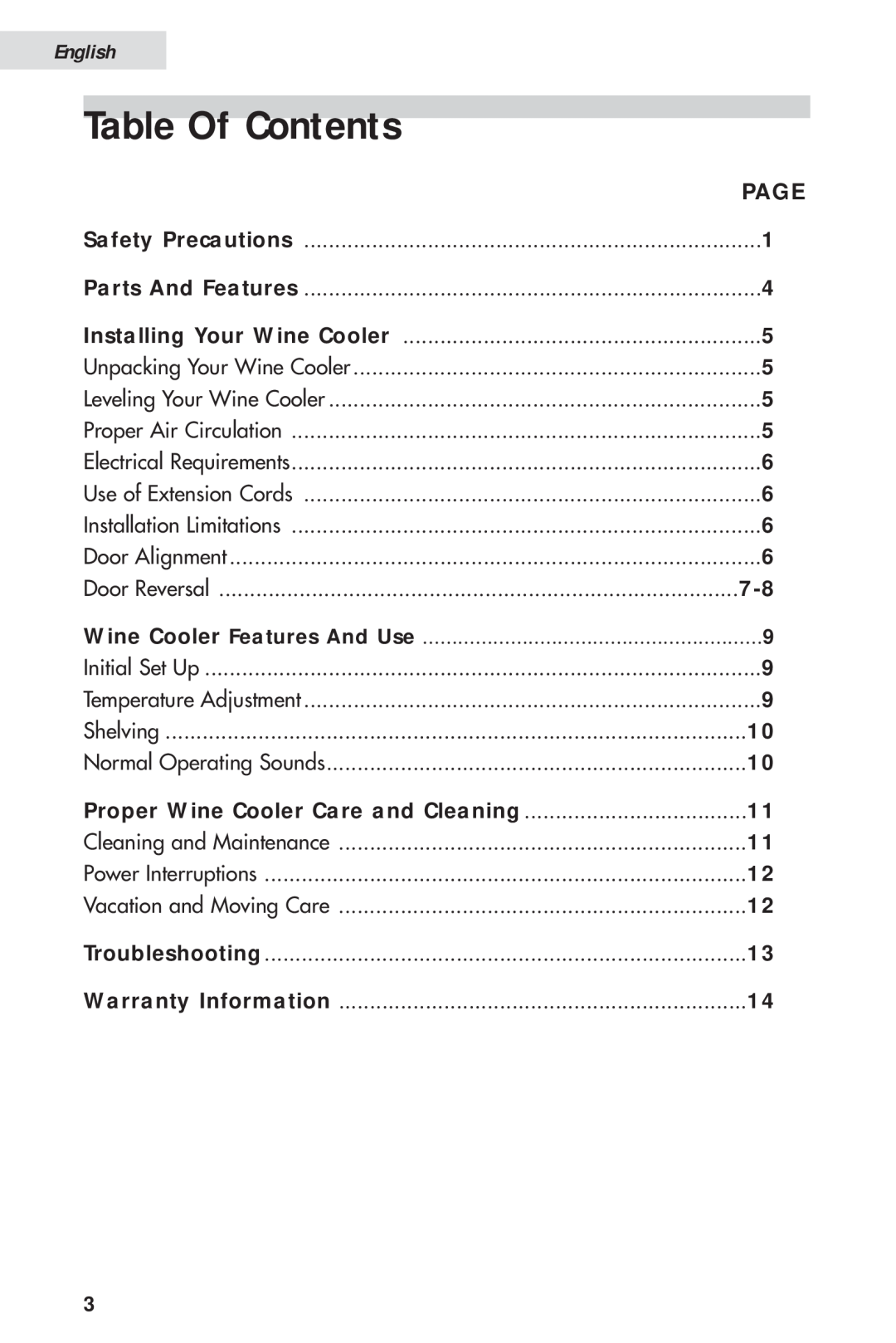 Haier HVH014A manual Table Of Contents, Page, English 