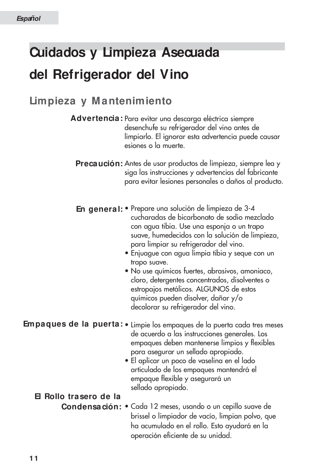Haier HVH014A manual Cuidados y Limpieza Asecuada del Refrigerador del Vino, Limpieza y Mantenimiento, Español 