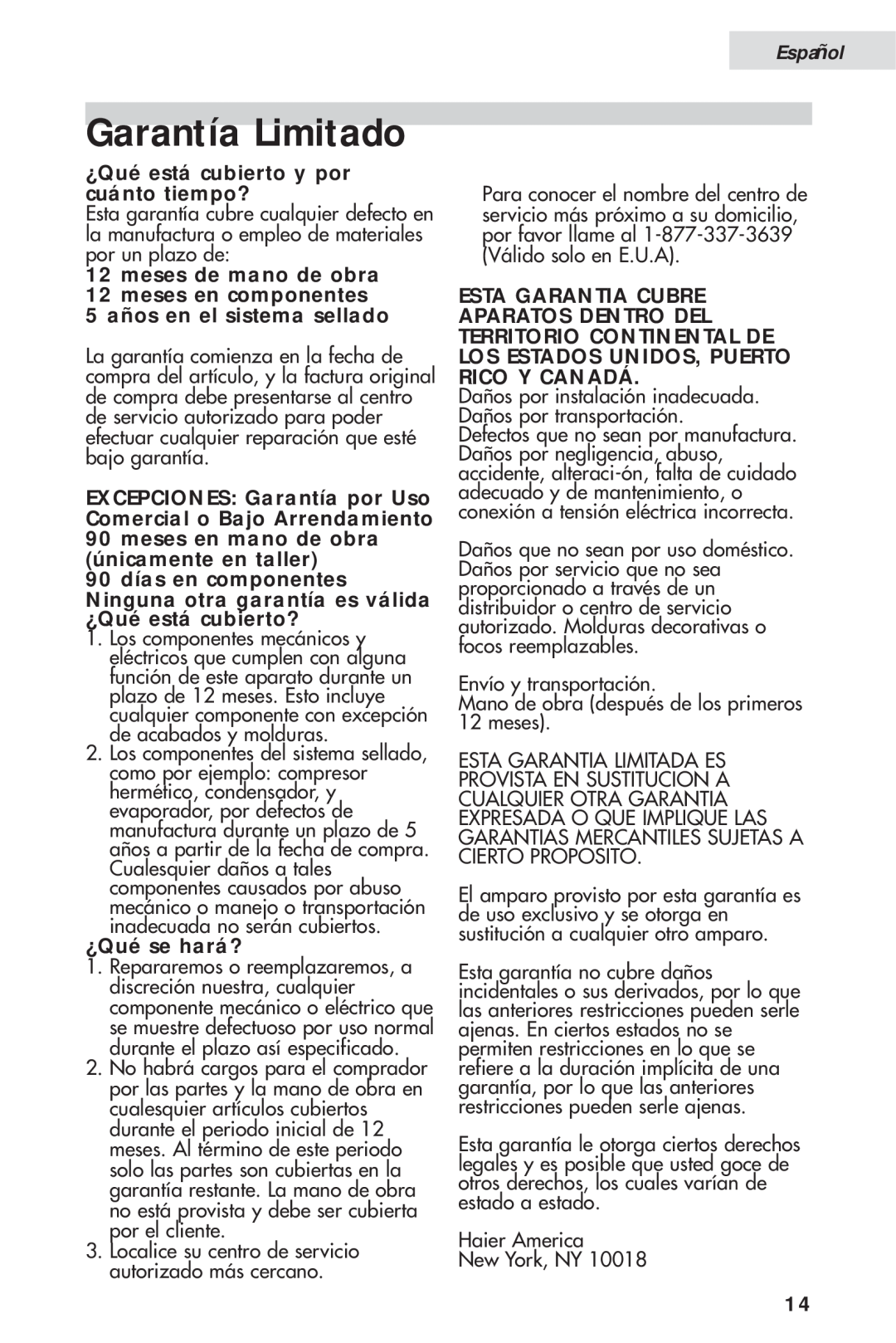 Haier HVH014A manual Garantía Limitado, Español, ¿Qué está cubierto y por cuánto tiempo?, 5 años en el sistema sellado 
