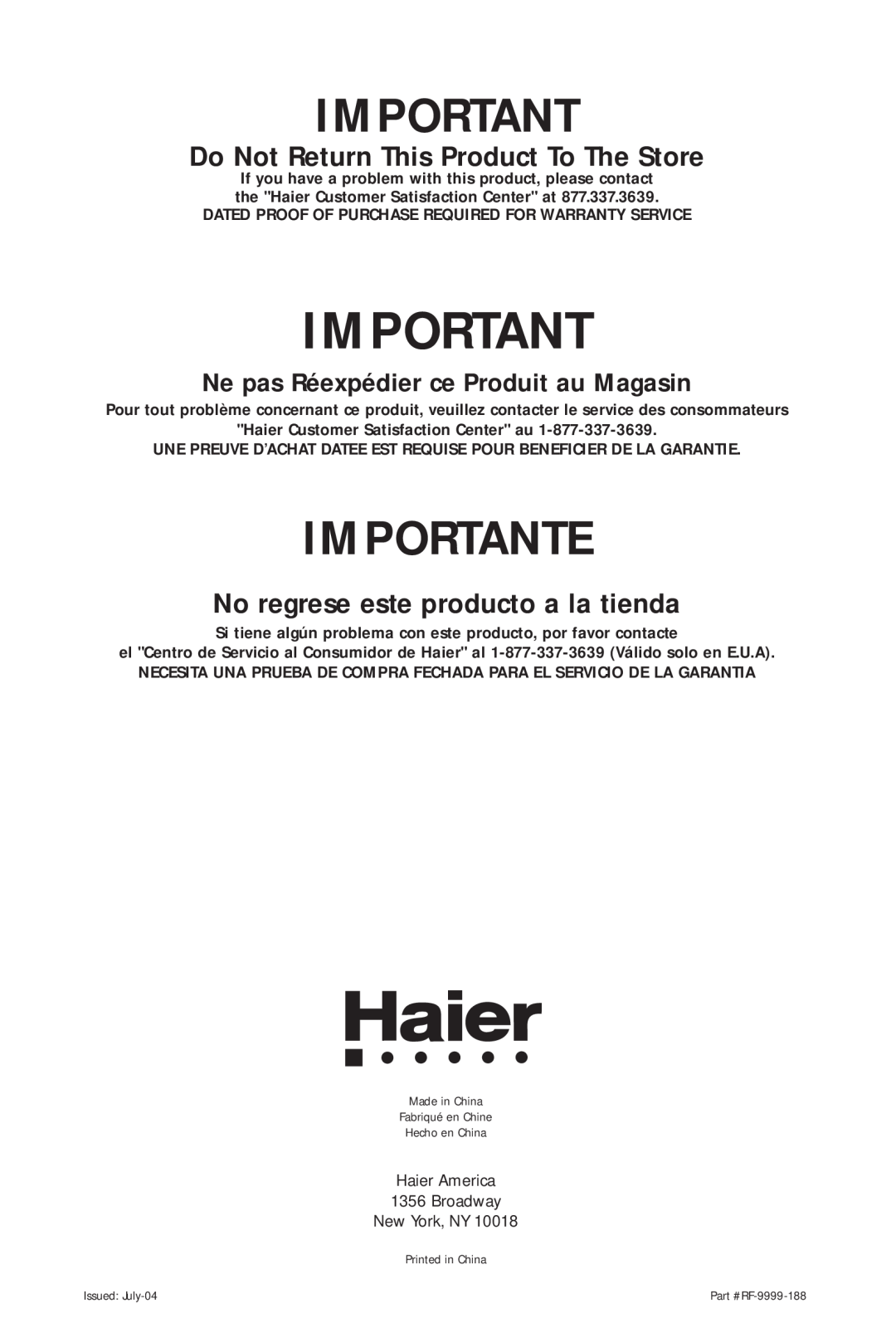 Haier HVH014A manual Importante, Do Not Return This Product To The Store, No regrese este producto a la tienda 