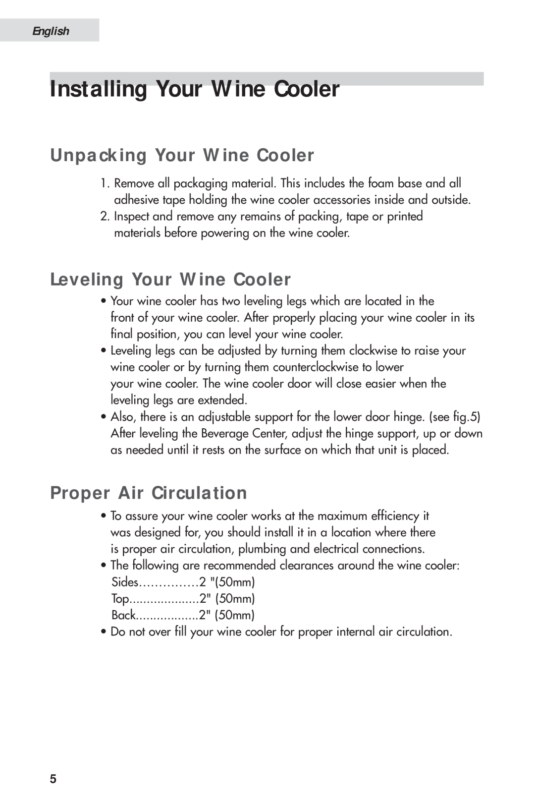 Haier HVH014A Installing Your Wine Cooler, Unpacking Your Wine Cooler, Leveling Your Wine Cooler, Proper Air Circulation 