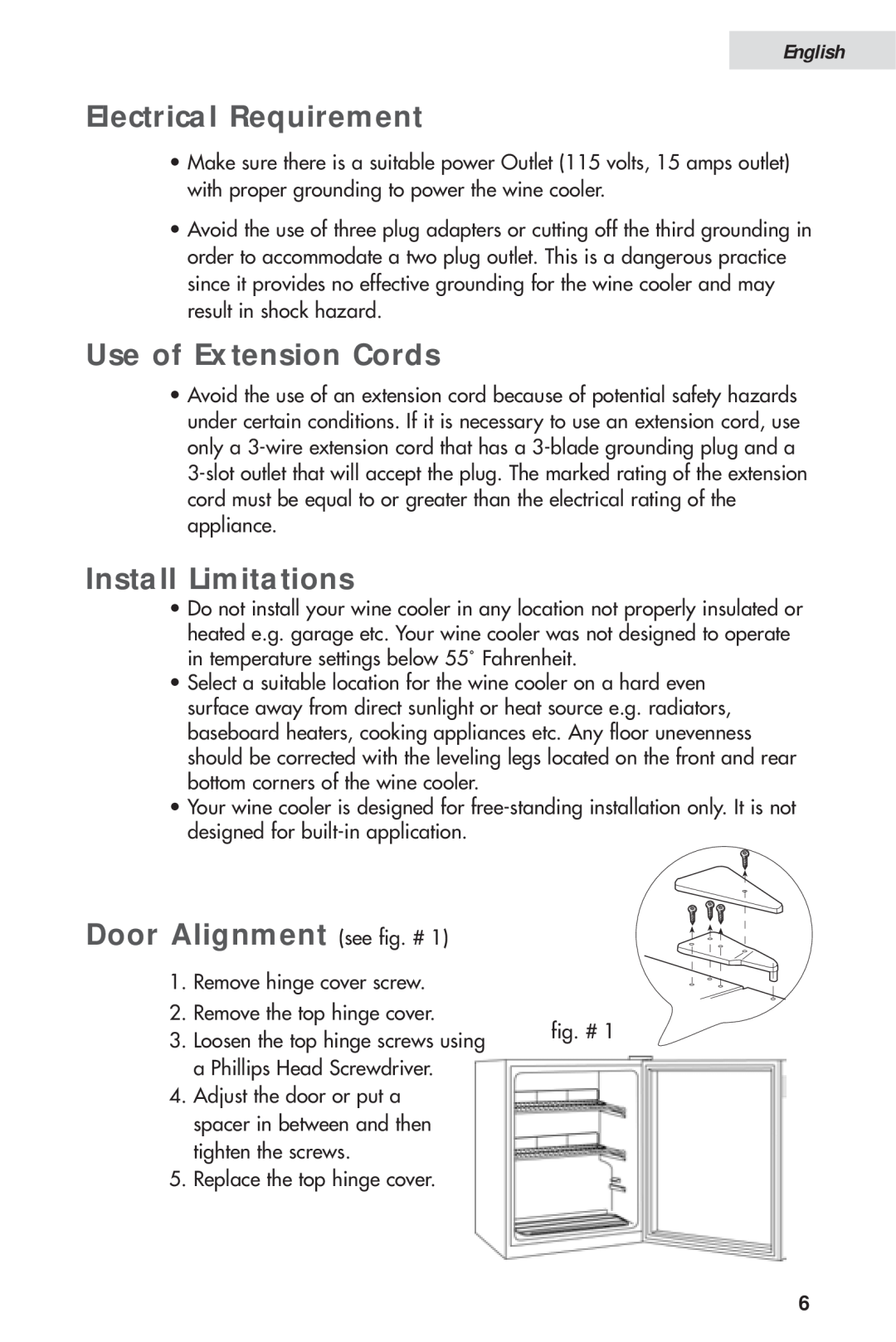 Haier HVH014A Electrical Requirement, Use of Extension Cords, Install Limitations, Door Alignment see fig. #, English 