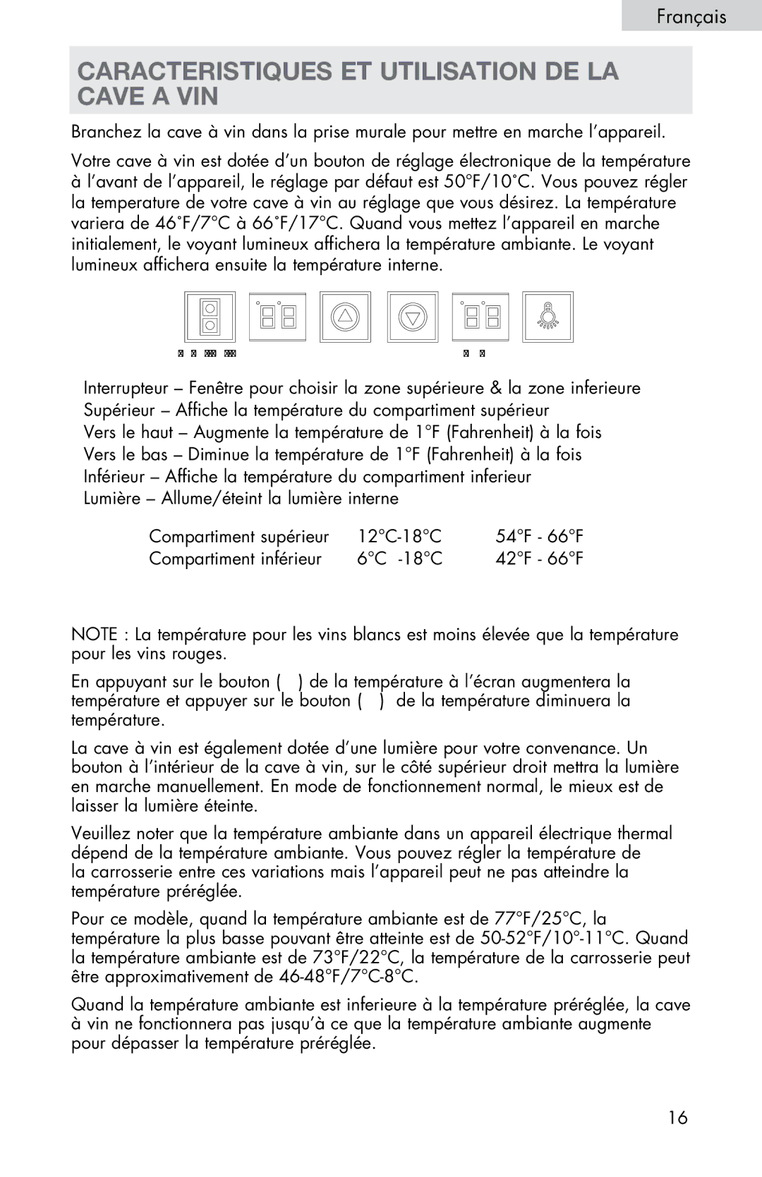 Haier HVTM12DABB user manual Caracteristiques ET Utilisation DE LA Cave a VIN 