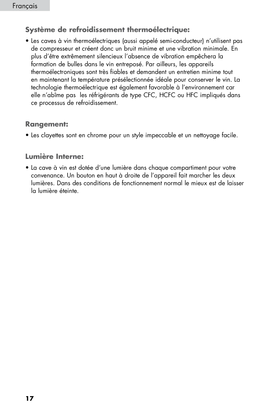 Haier HVTM12DABB user manual Système de refroidissement thermoélectrique, Rangement, Lumière Interne 