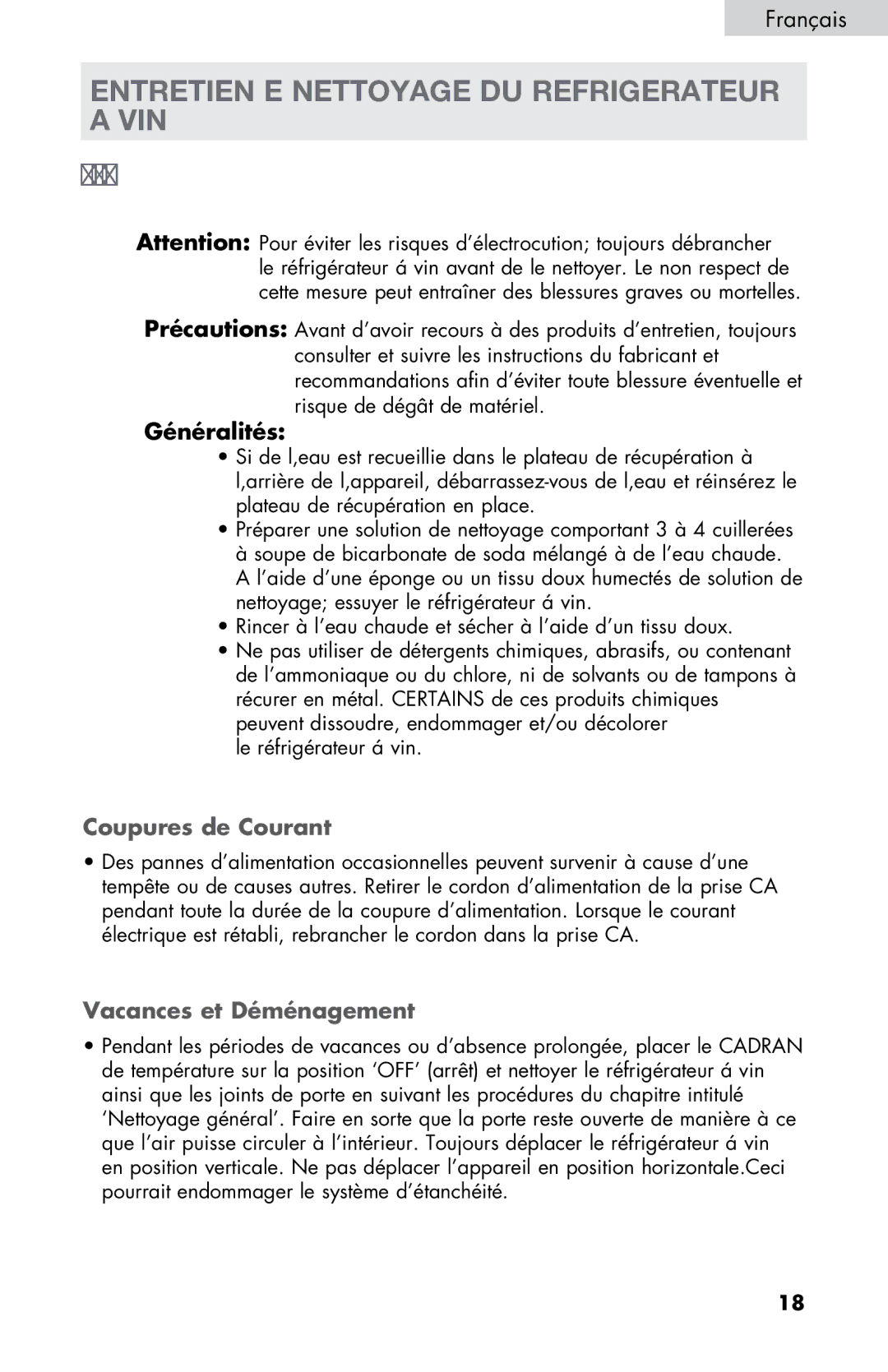 Haier HVTM12DABB Entretien E Nettoyage DU Refrigerateur a VIN, Généralités, Coupures de Courant, Vacances et Déménagement 