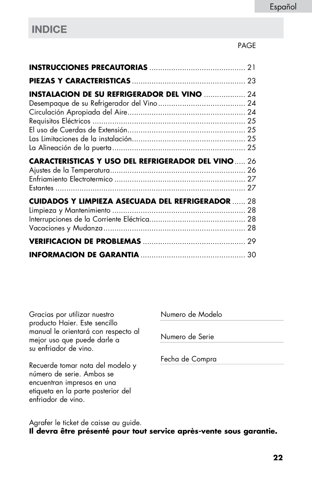 Haier HVTM12DABB user manual Indice, Instalacion DE SU Refrigerador DEL Vino 