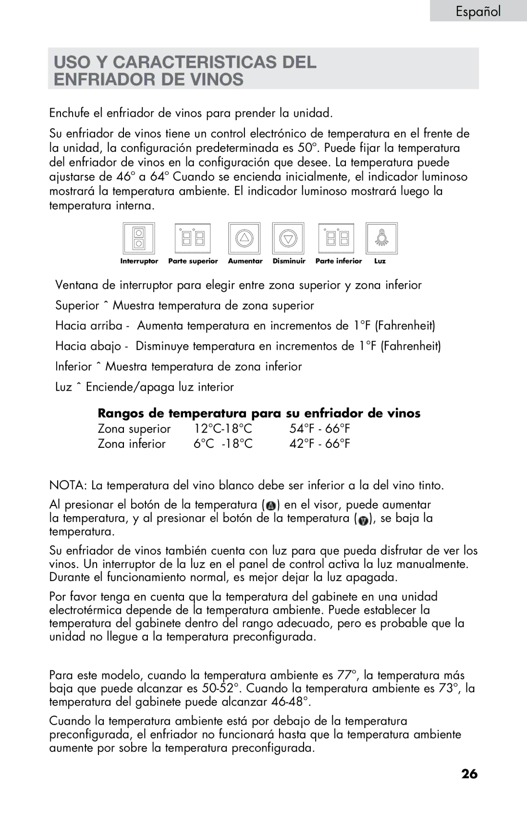 Haier HVTM12DABB user manual USO Y Caracteristicas DEL Enfriador DE Vinos, Rangos de temperatura para su enfriador de vinos 