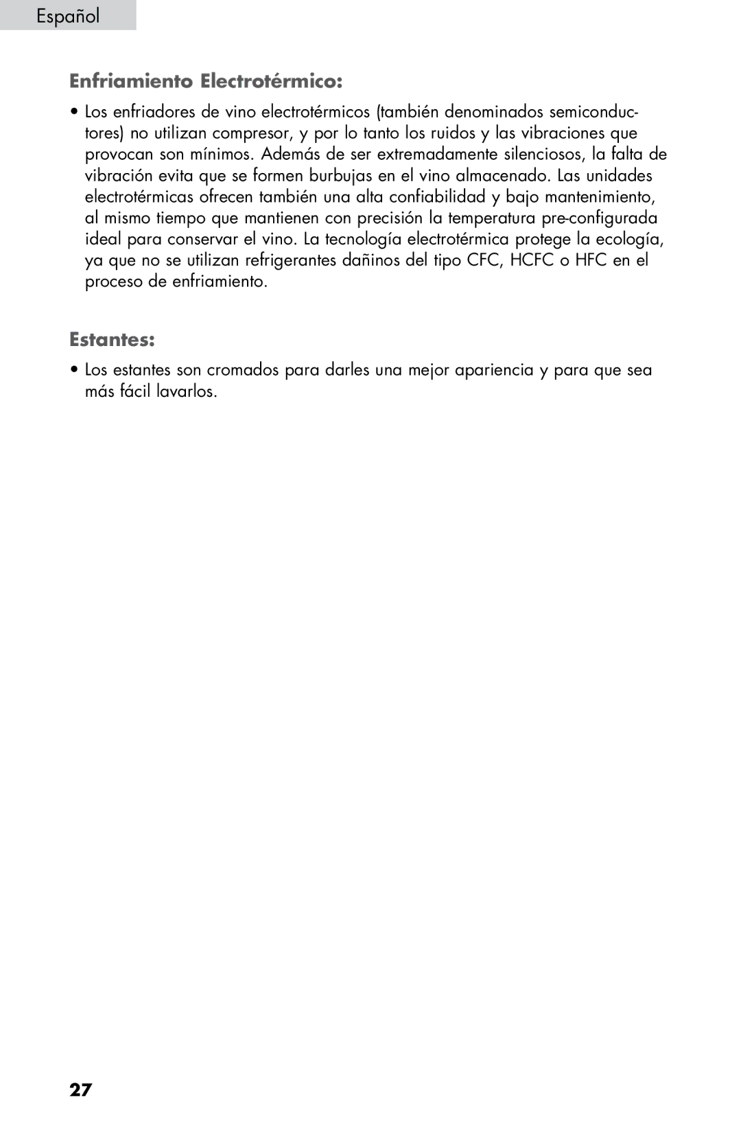 Haier HVTM12DABB user manual Enfriamiento Electrotérmico, Estantes 