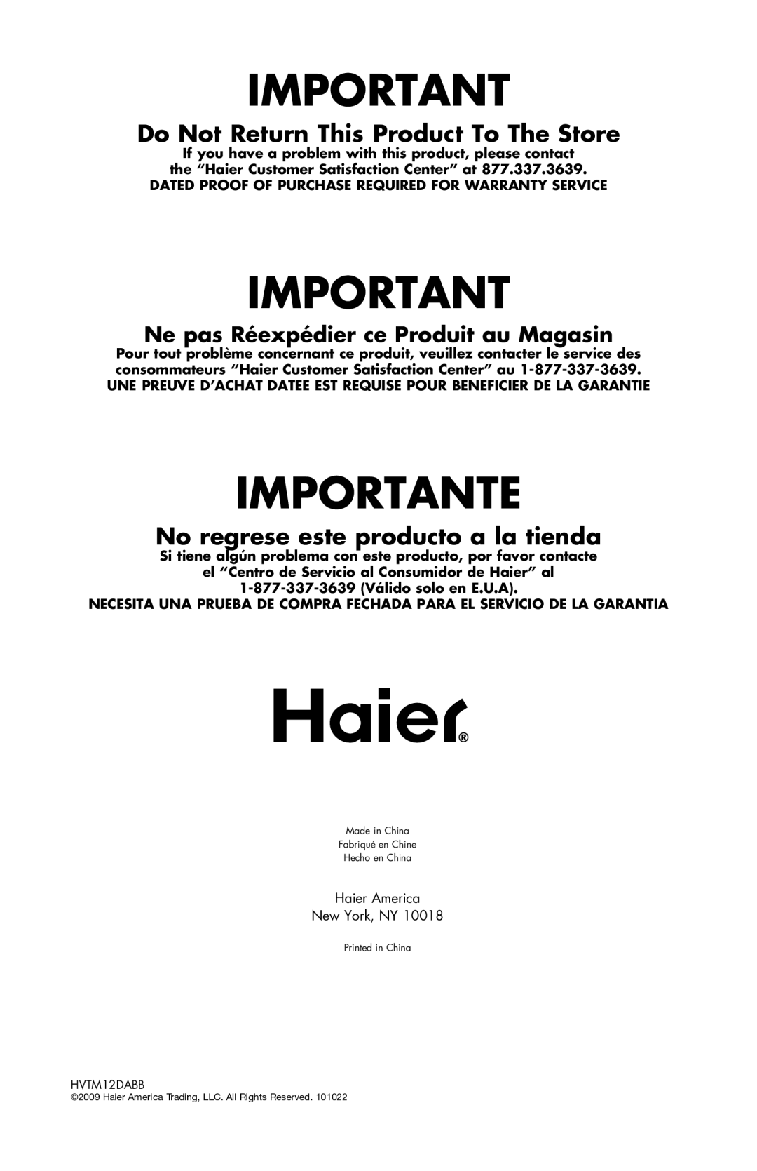 Haier HVTM12DABB user manual Importante 