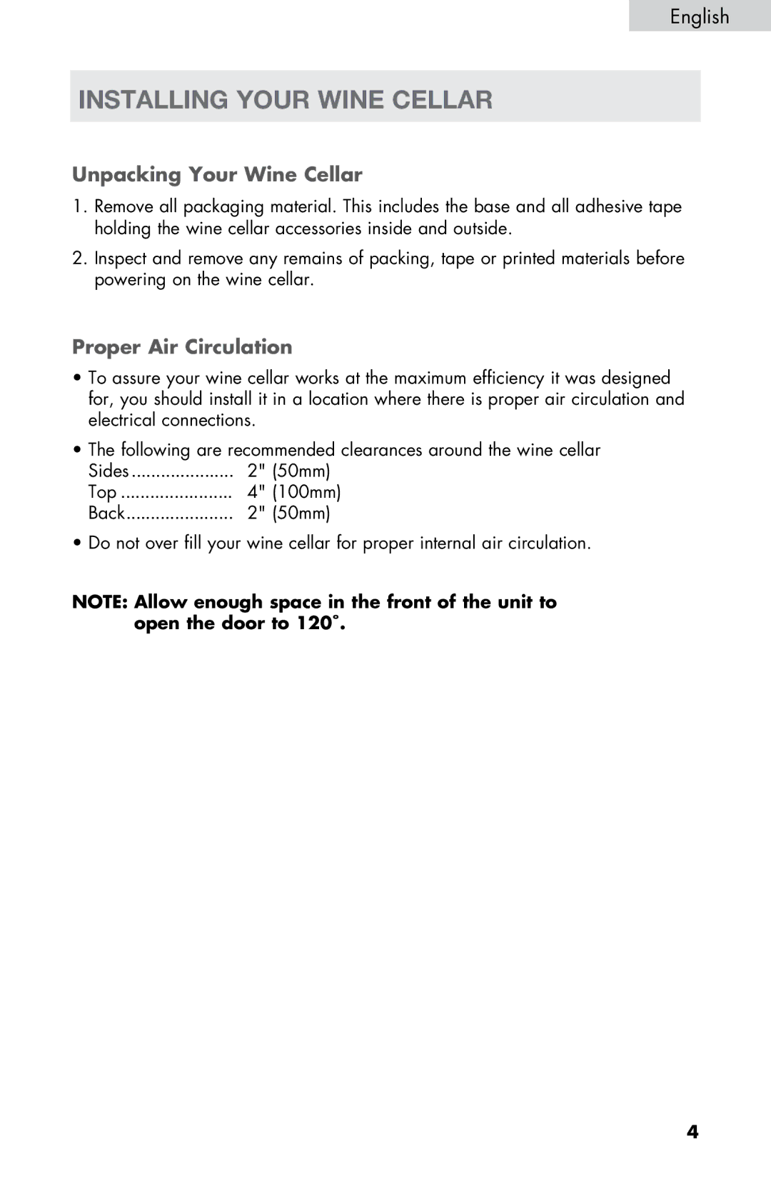 Haier HVTM12DABB user manual Installing Your Wine Cellar, Unpacking Your Wine Cellar, Proper Air Circulation 