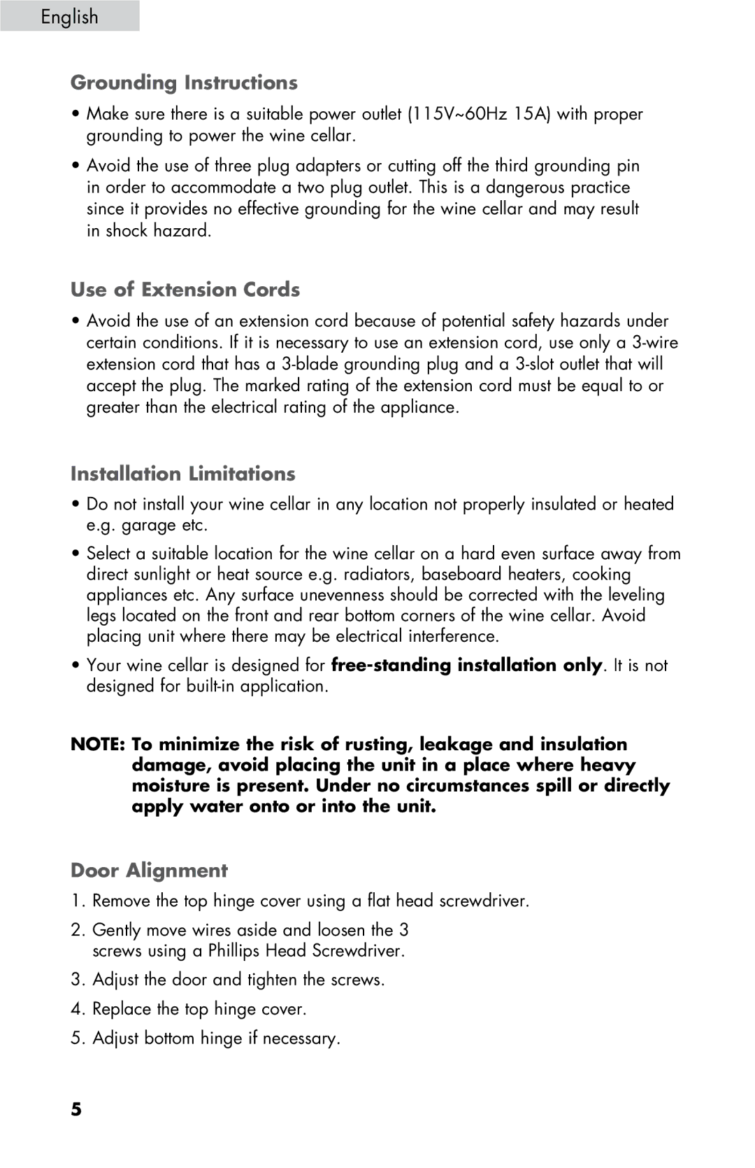 Haier HVTM12DABB user manual Grounding Instructions, Use of Extension Cords, Installation Limitations, Door Alignment 