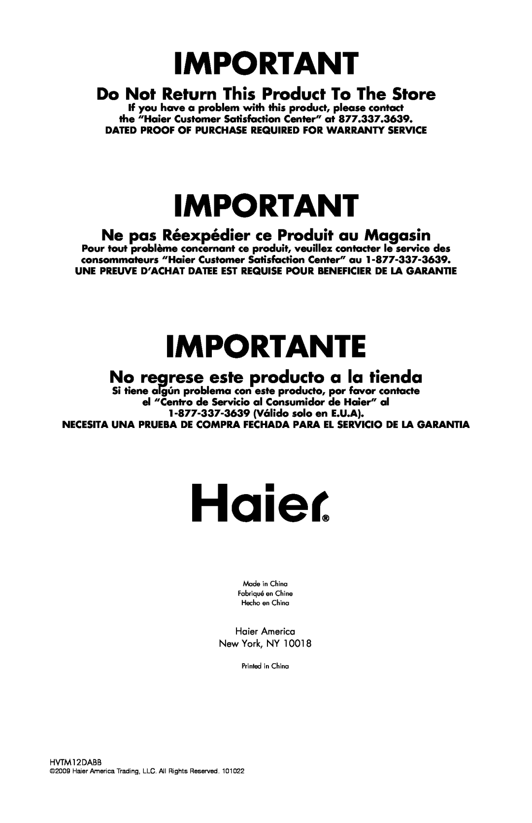 Haier HVTM12DABB user manual Importante, Do Not Return This Product To The Store, No regrese este producto a la tienda 