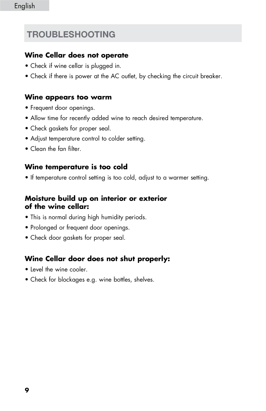 Haier HVTM16ABB, HVTM06 Troubleshooting, Wine Cellar does not operate, Wine appears too warm, Wine temperature is too cold 