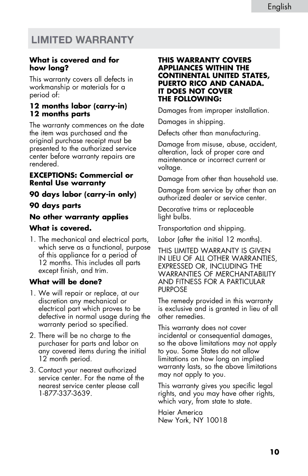 Haier HVTM06, HVTM16ABB, HVTM04ABB, HVTM08, HVTM12BSS user manual Limited Warranty, Months labor carry-in Months parts 