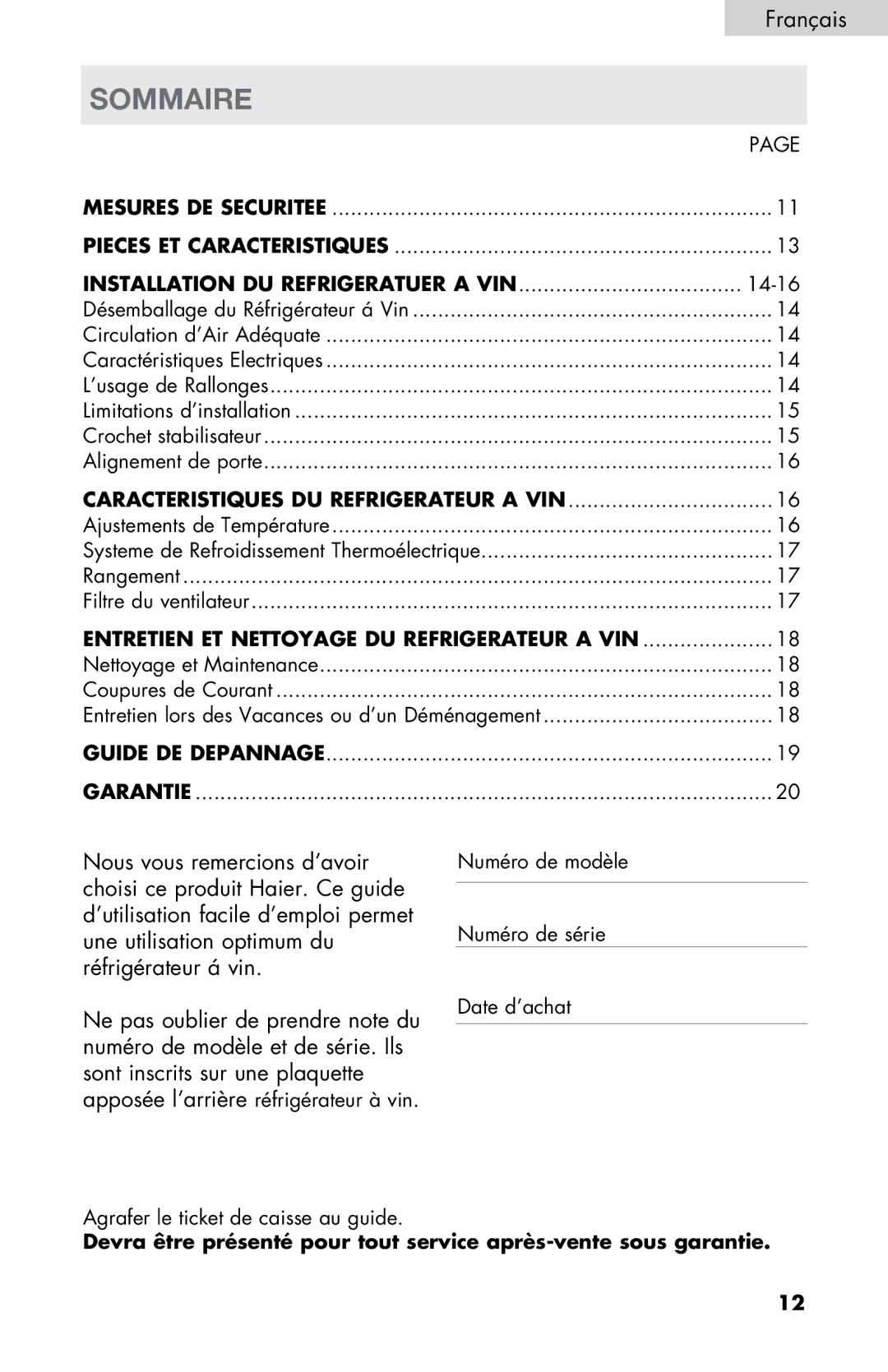 Haier HVTM08, HVTM16ABB, HVTM06, HVTM04ABB, HVTM12BSS user manual Sommaire, Installation DU Refrigeratuer a VIN 