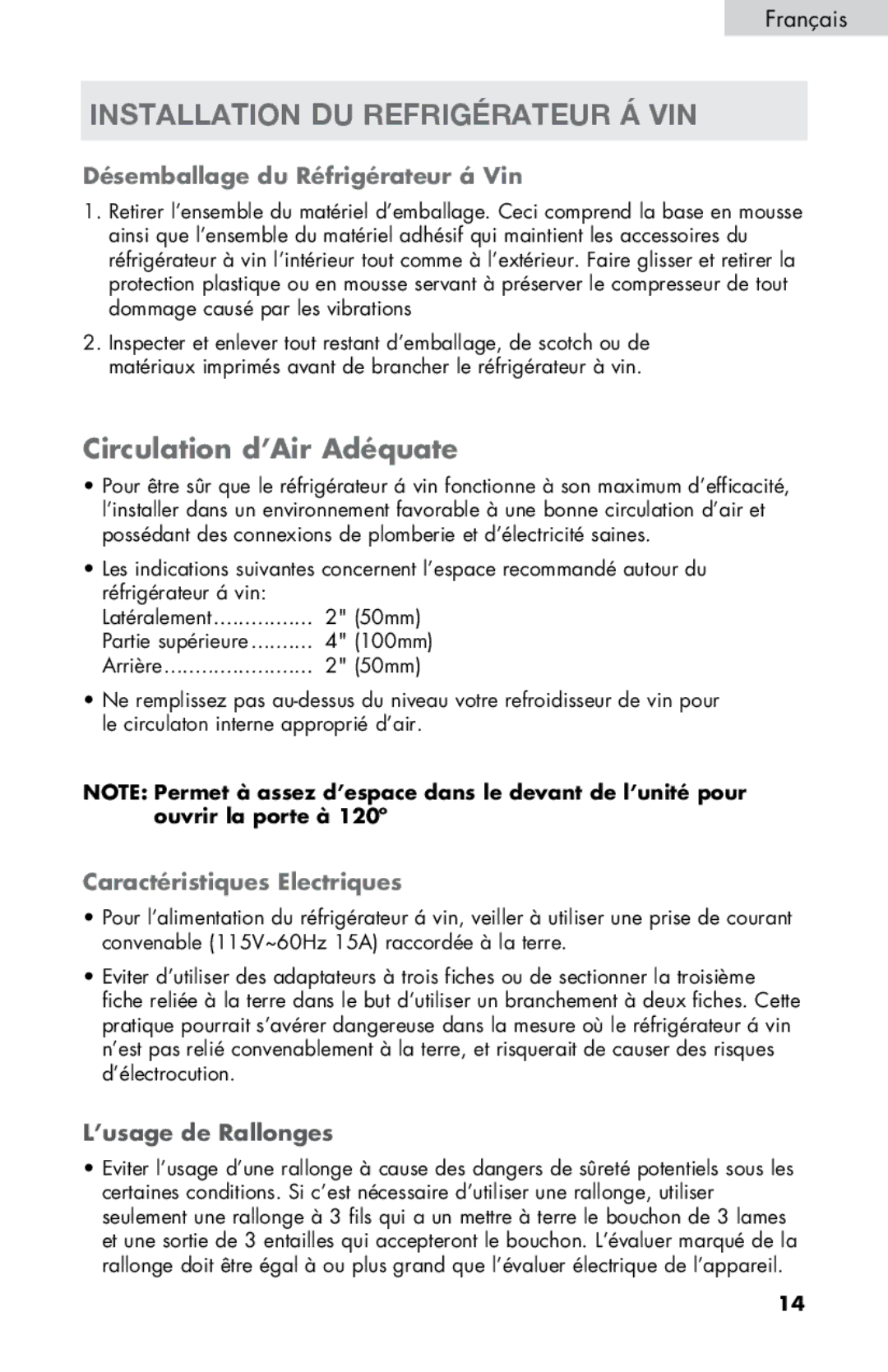 Haier HVTM16ABB, HVTM06, HVTM04ABB, HVTM08, HVTM12BSS user manual Installation DU Refrigérateur Á VIN, ’usage de Rallonges 