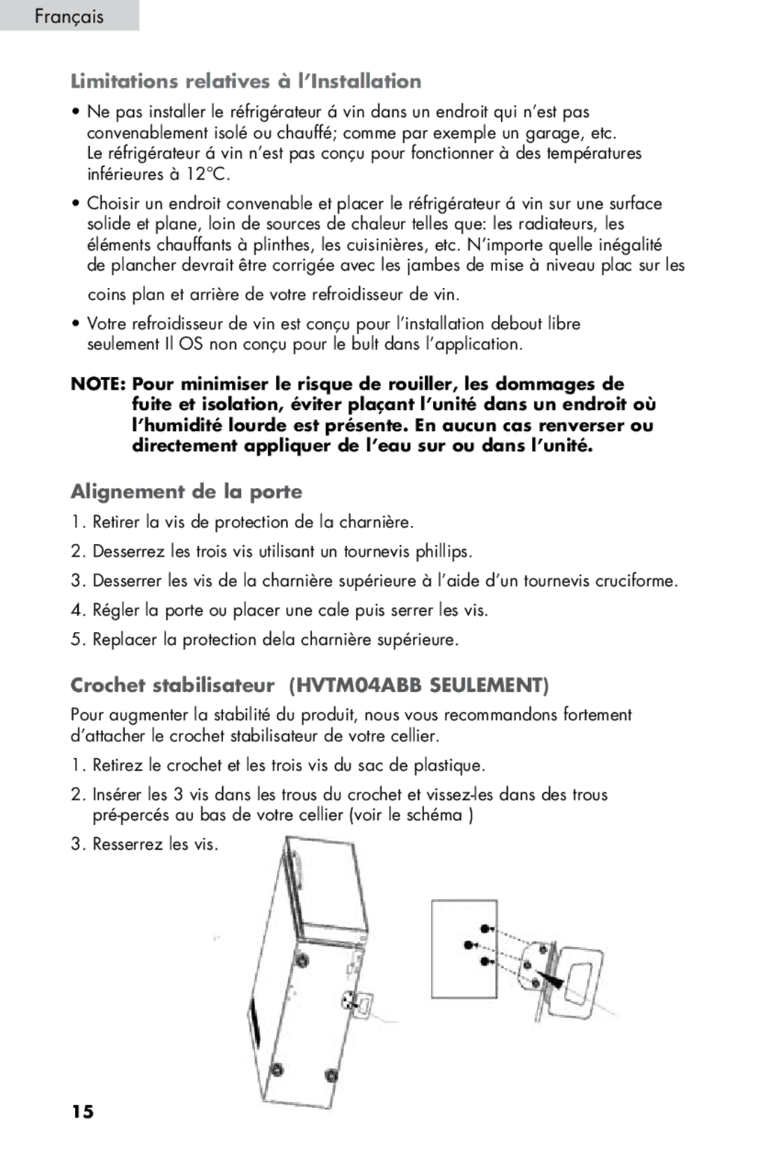 Haier HVTM06, HVTM16ABB, HVTM08, HVTM12BSS user manual Alignement de la porte, Crochet stabilisateur HVTM04ABB Seulement 