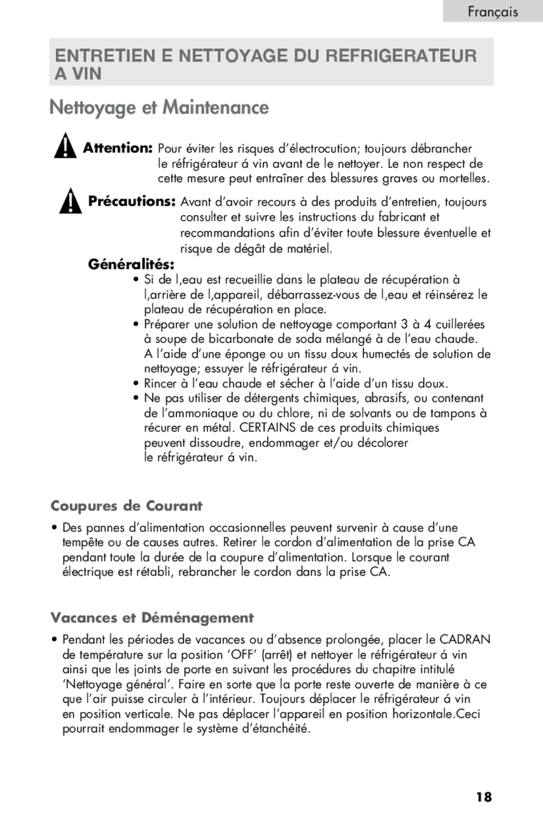 Haier HVTM12BSS Entretien E Nettoyage DU Refrigerateur a VIN, Généralités, Coupures de Courant, Vacances et Déménagement 