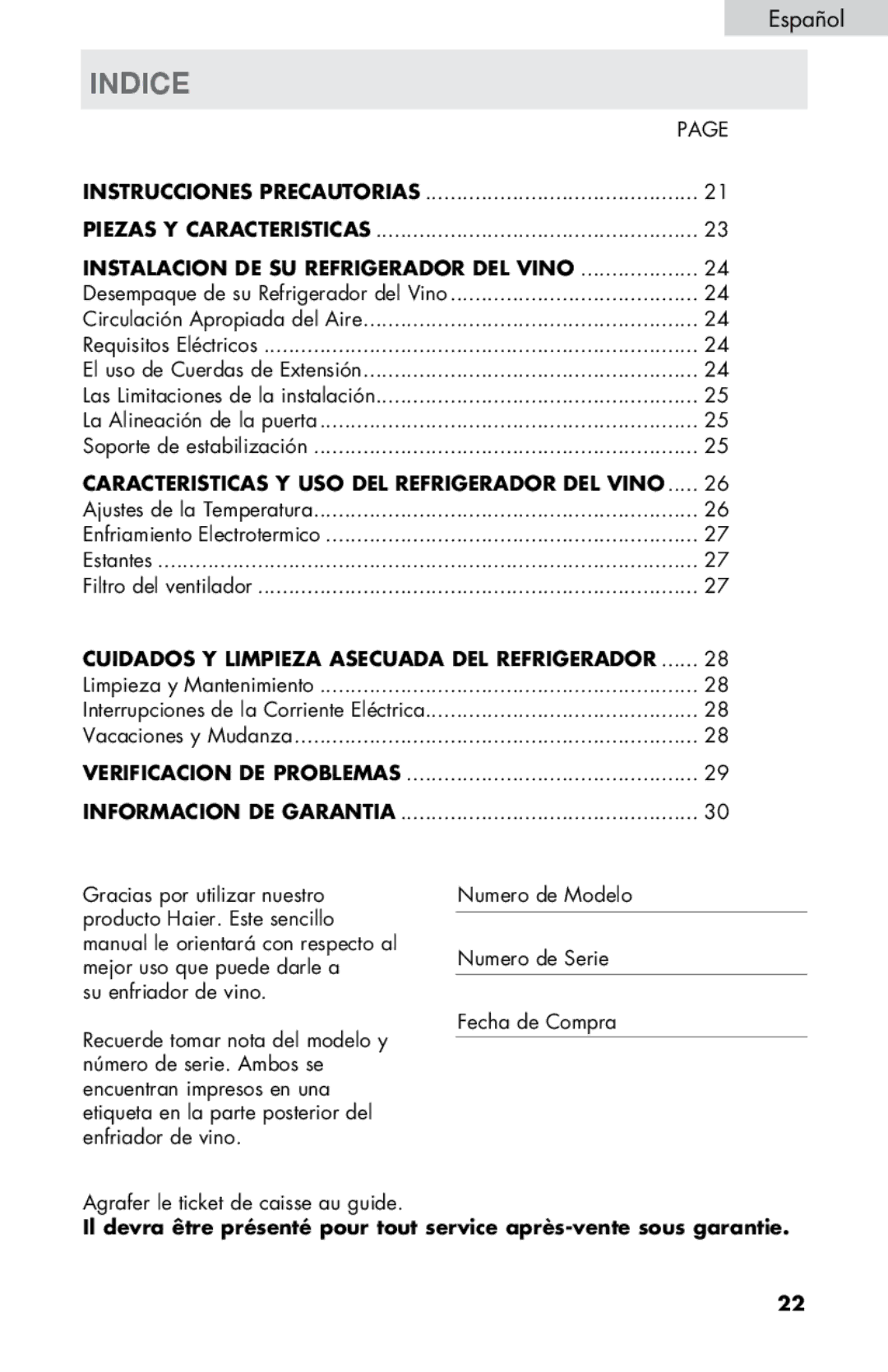 Haier HVTM08, HVTM16ABB, HVTM06, HVTM04ABB, HVTM12BSS user manual Indice, Instalacion DE SU Refrigerador DEL Vino 