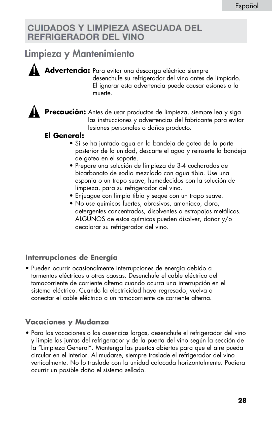 Haier HVTM12BSS, HVTM16ABB Cuidados Y Limpieza Asecuada DEL Refrigerador DEL Vino, El General, Interrupciones de Energía 