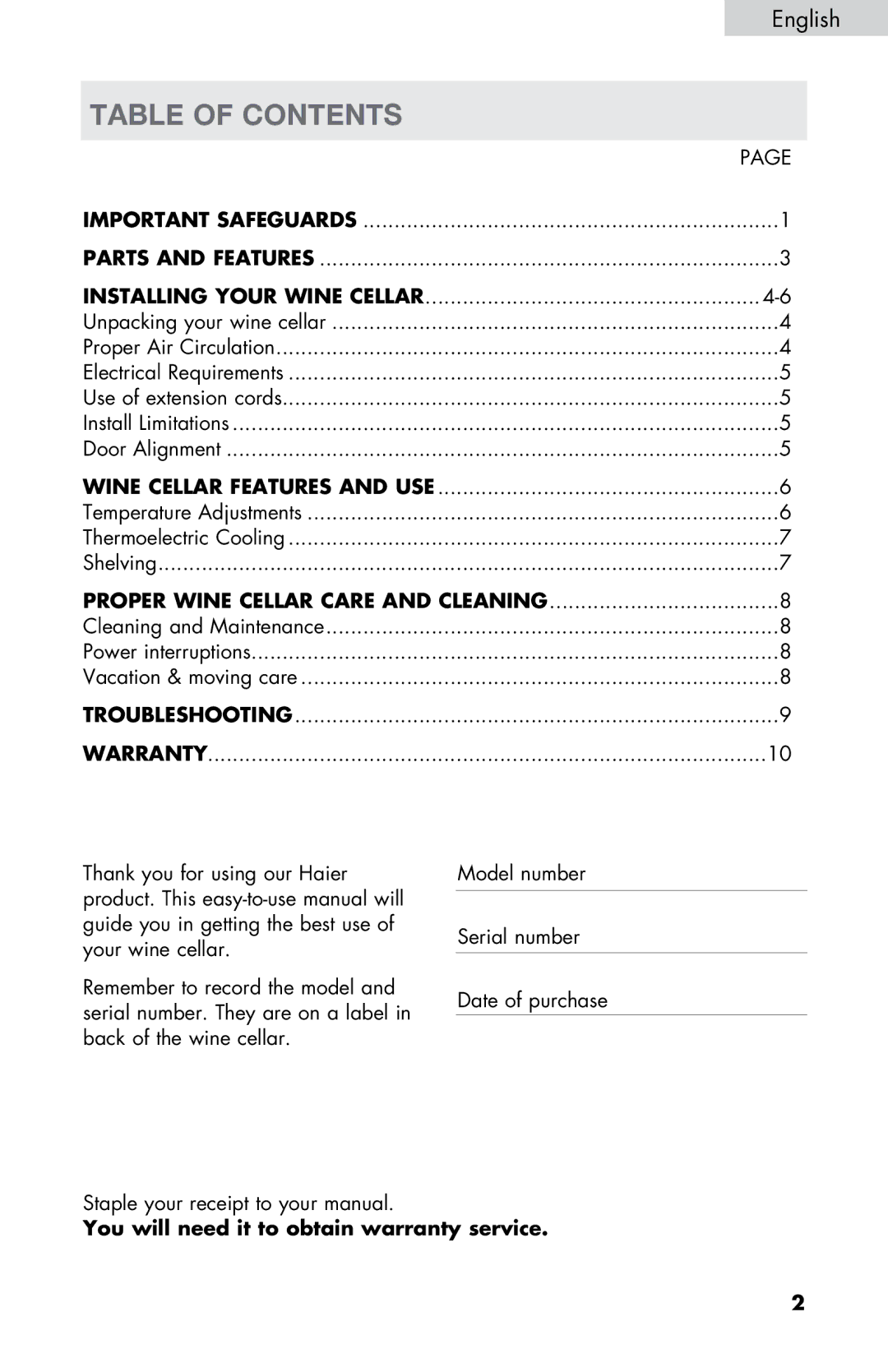 Haier HVTM08, HVTM16ABB, HVTM06, HVTM04ABB, HVTM12BSS user manual Table of Contents 