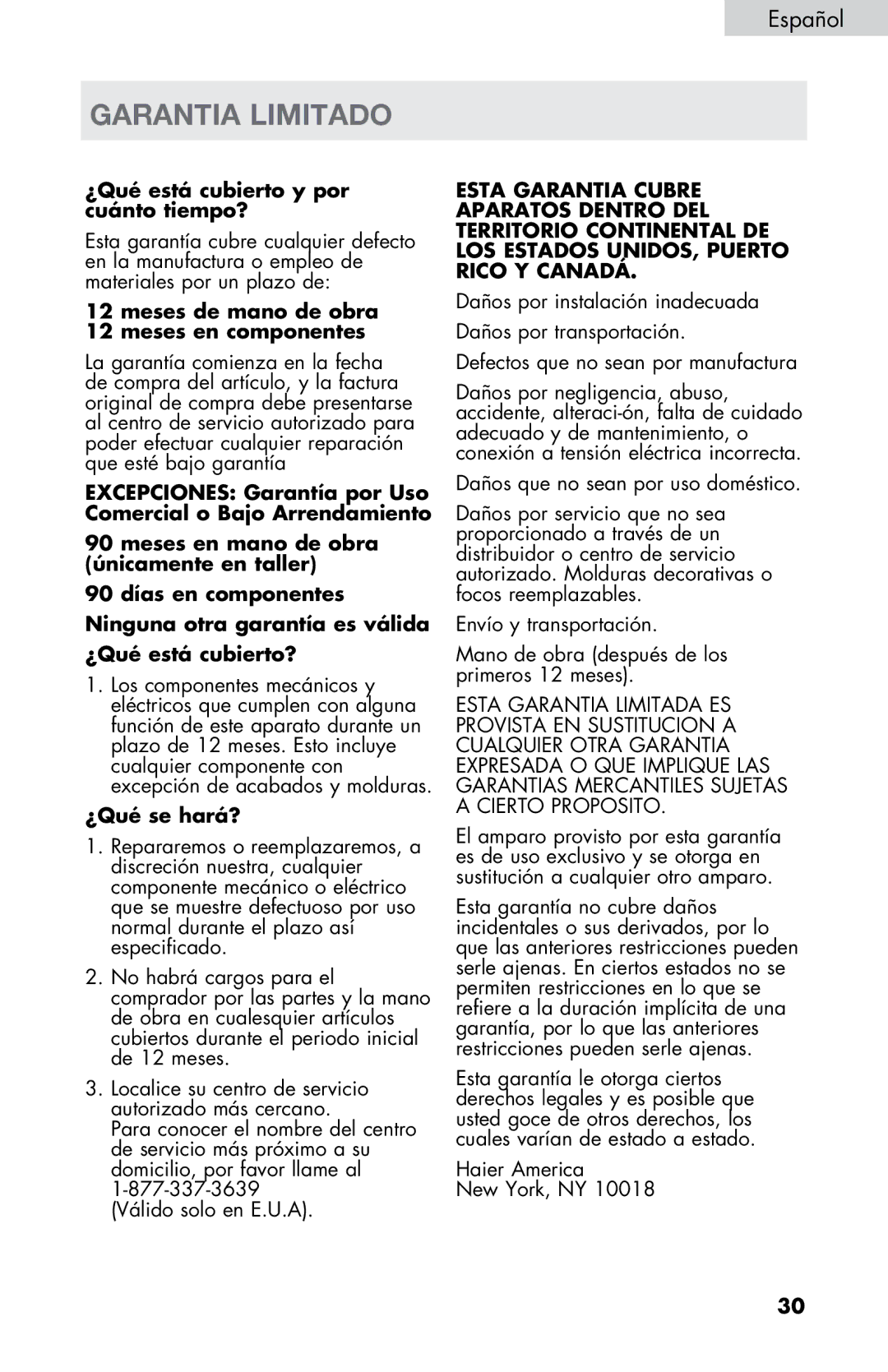 Haier HVTM06, HVTM16ABB, HVTM04ABB, HVTM08, HVTM12BSS user manual Garantia Limitado, ¿Qué está cubierto y por cuánto tiempo? 