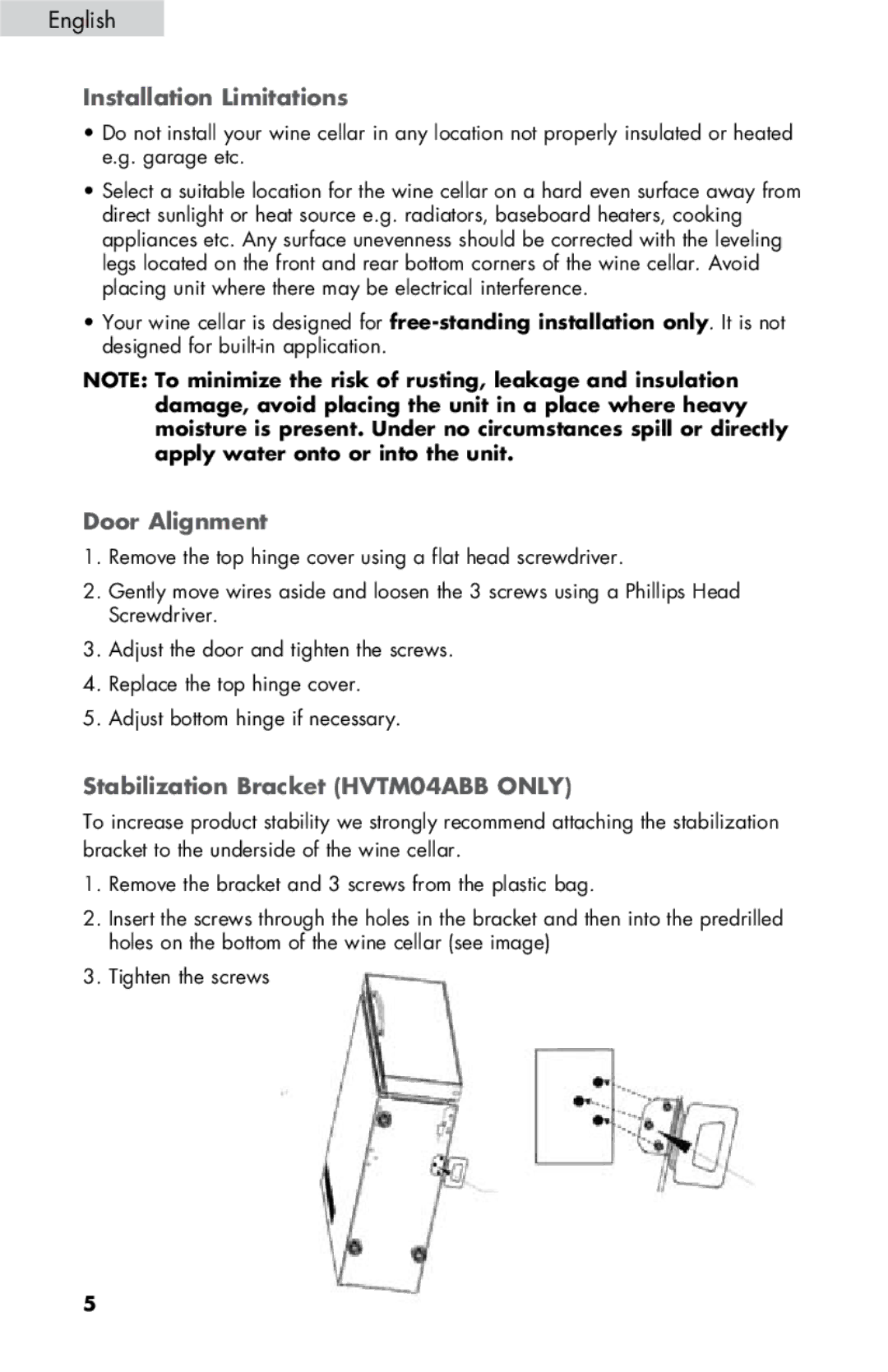 Haier HVTM06, HVTM16ABB, HVTM08, HVTM12BSS Installation Limitations, Door Alignment, Stabilization Bracket HVTM04ABB only 