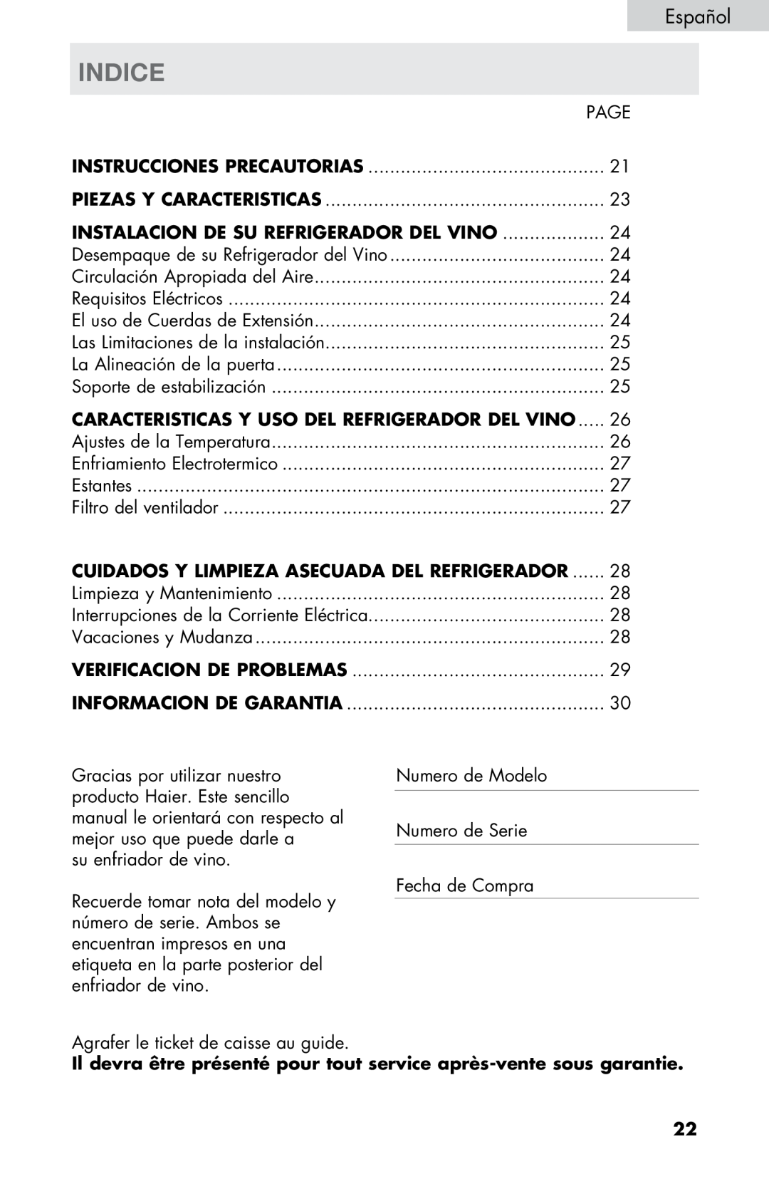 Haier HVTM08, HVTM16ABB Indice, Instalacion De Su Refrigerador Del Vino, Caracteristicas Y Uso Del Refrigerador Del Vino 