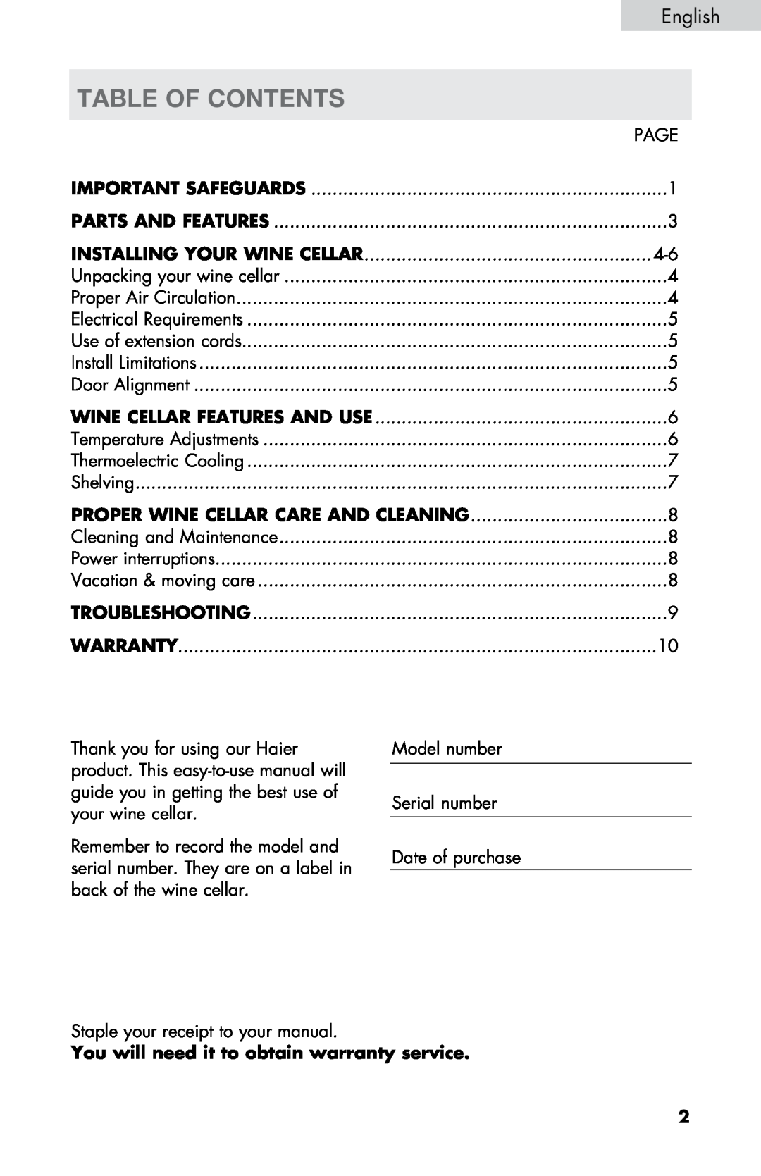 Haier HVTM08, HVTM06 Table Of Contents, Proper Wine Cellar Care And Cleaning, You will need it to obtain warranty service 