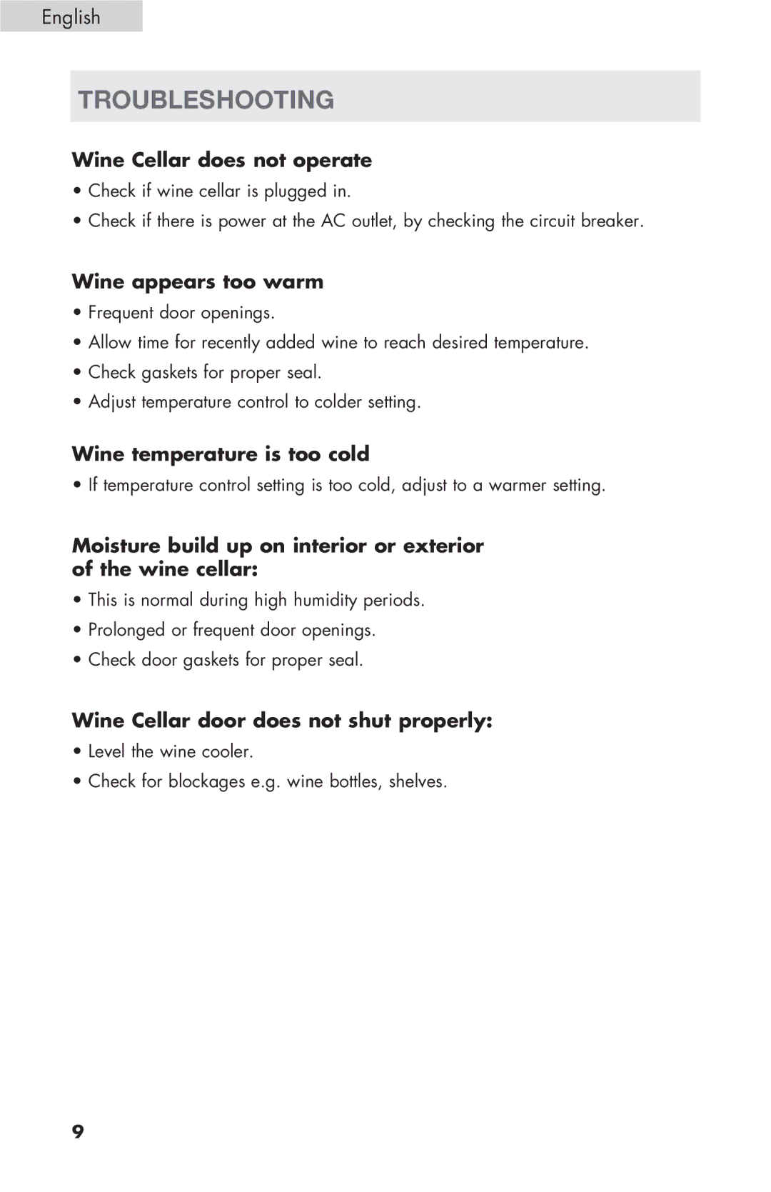 Haier HVTSM18DABB Troubleshooting, Wine Cellar does not operate, Wine appears too warm, Wine temperature is too cold 