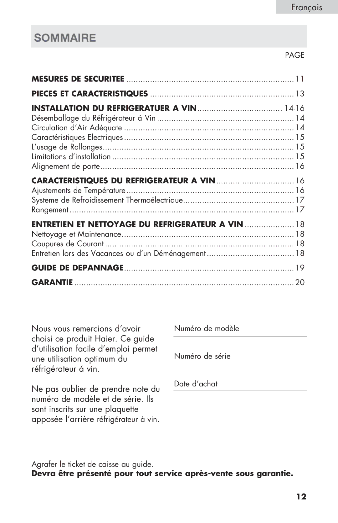 Haier HVTSM18DABB, HVTM32DABB, HVTM18DABB user manual Sommaire, Installation DU Refrigeratuer a VIN 