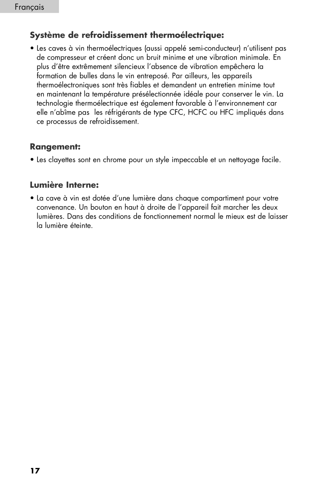 Haier HVTM32DABB, HVTSM18DABB, HVTM18DABB user manual Système de refroidissement thermoélectrique, Rangement, Lumière Interne 