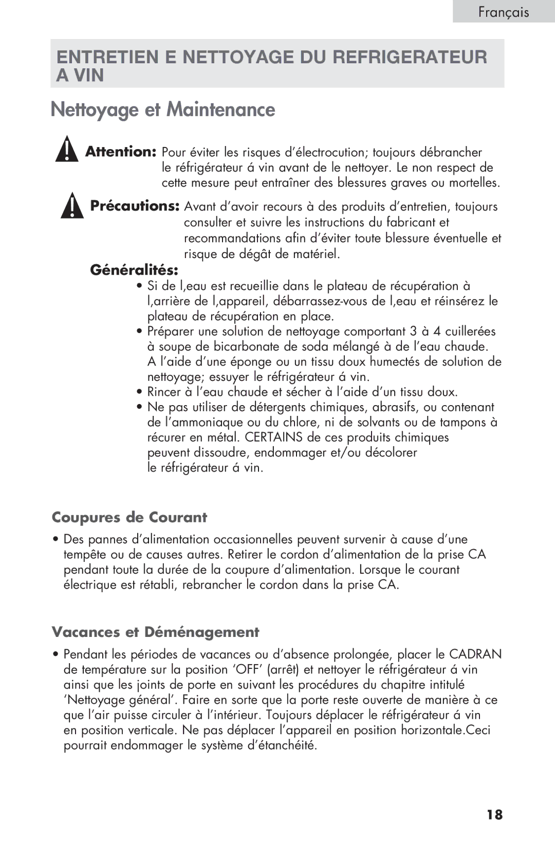 Haier HVTSM18DABB Entretien E Nettoyage DU Refrigerateur a VIN, Généralités, Coupures de Courant, Vacances et Déménagement 