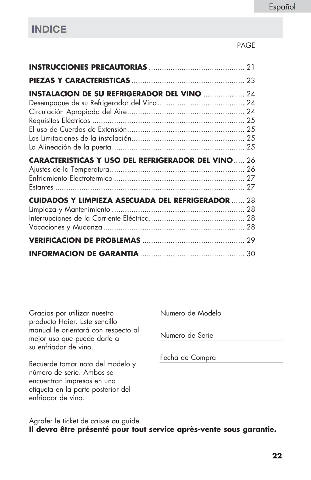 Haier HVTM18DABB, HVTM32DABB, HVTSM18DABB user manual Indice, Instalacion DE SU Refrigerador DEL Vino 