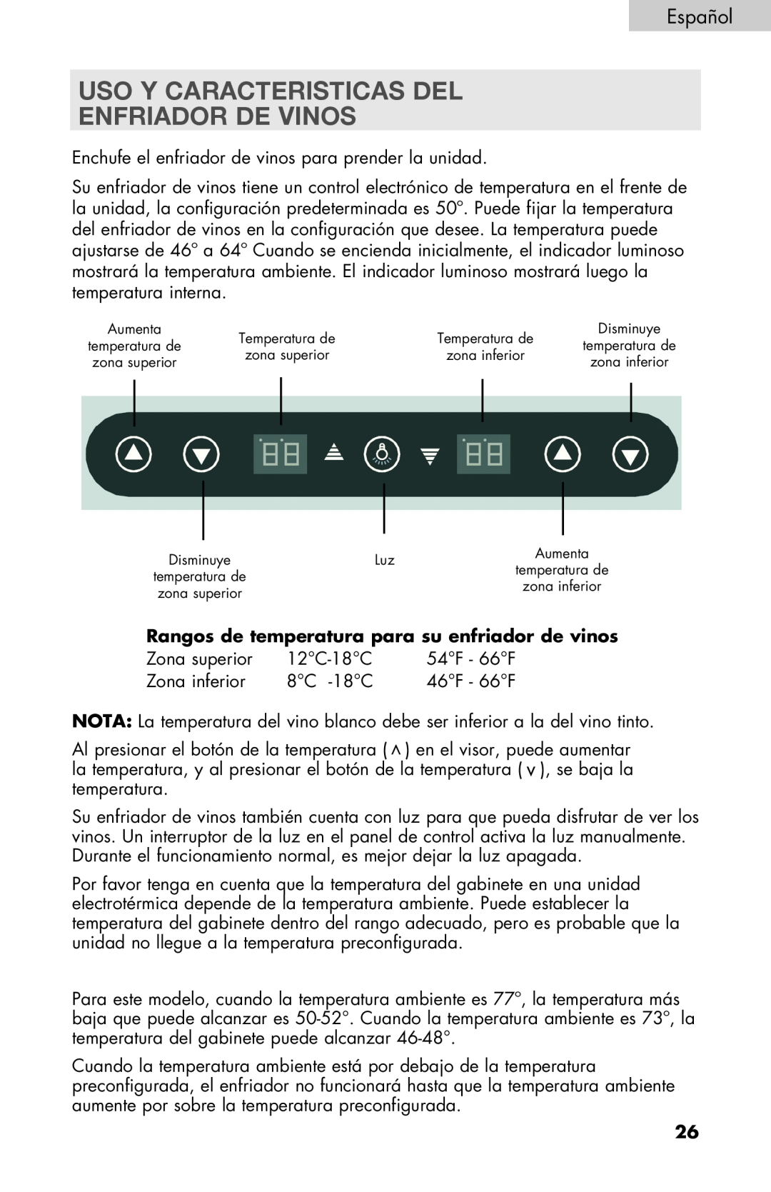 Haier HVTM32DABB user manual Uso Y Caracteristicas Del Enfriador De Vinos, Rangos de temperatura para su enfriador de vinos 