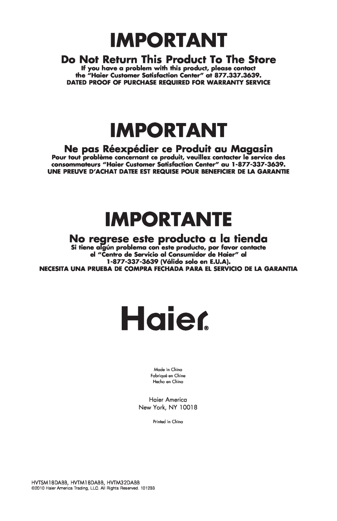 Haier HVTM18DABB, HVTM32DABB Importante, Do Not Return This Product To The Store, No regrese este producto a la tienda 
