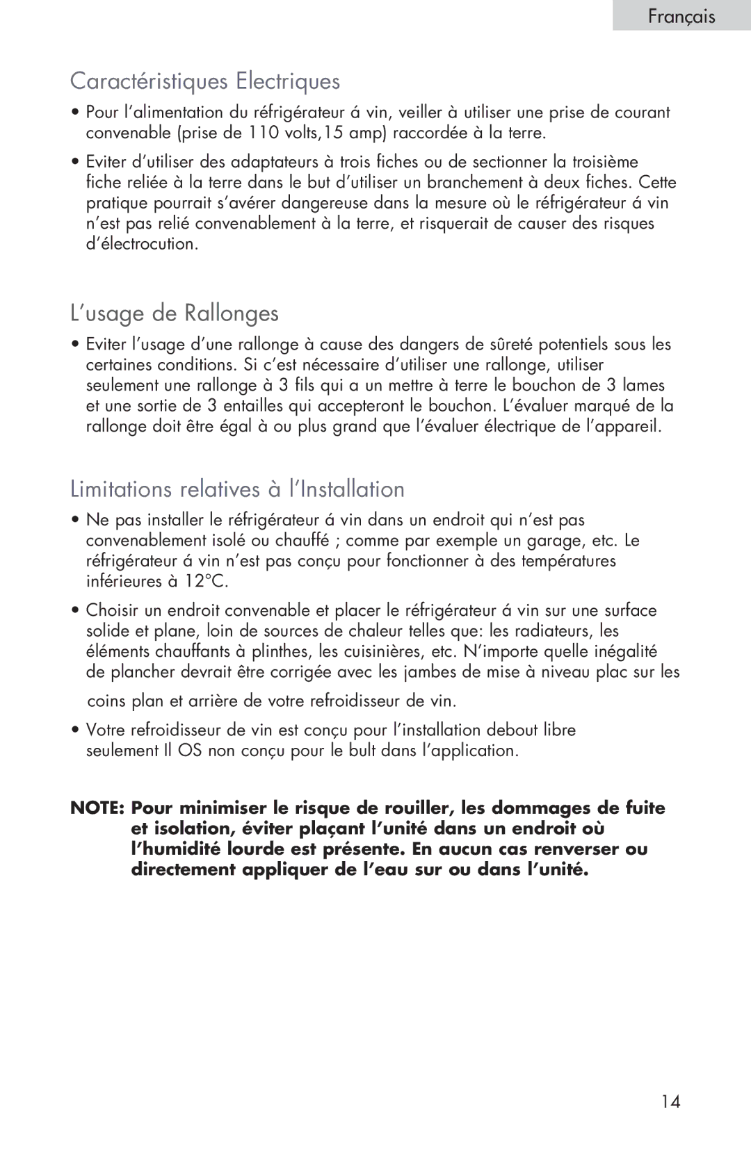 Haier HVTS06, HVTS08, HVTS04 Caractéristiques Electriques, ’usage de Rallonges, Limitations relatives à l’Installation 