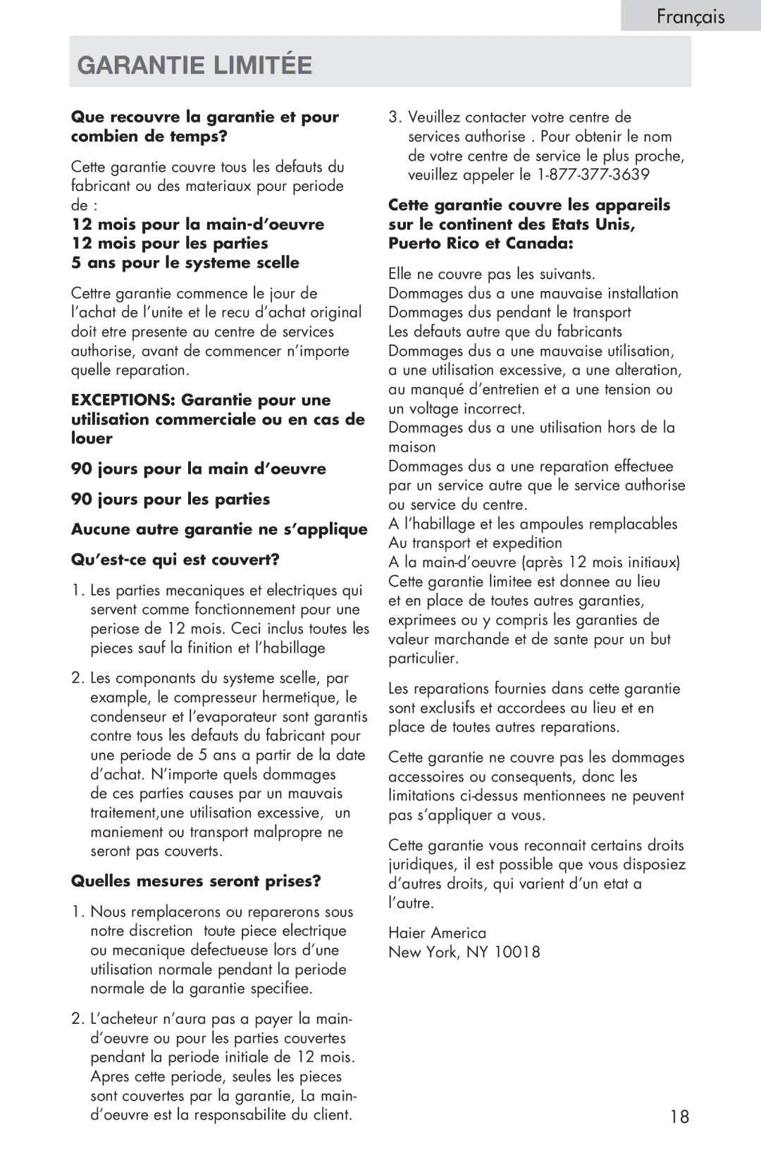 Haier HVTS08, HVTS06, HVTS04 user manual Garantie limitée, Quelles mesures seront prises? 